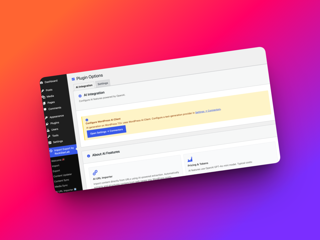 Import Export by RockStarLab Plugin Options screen in WordPress admin