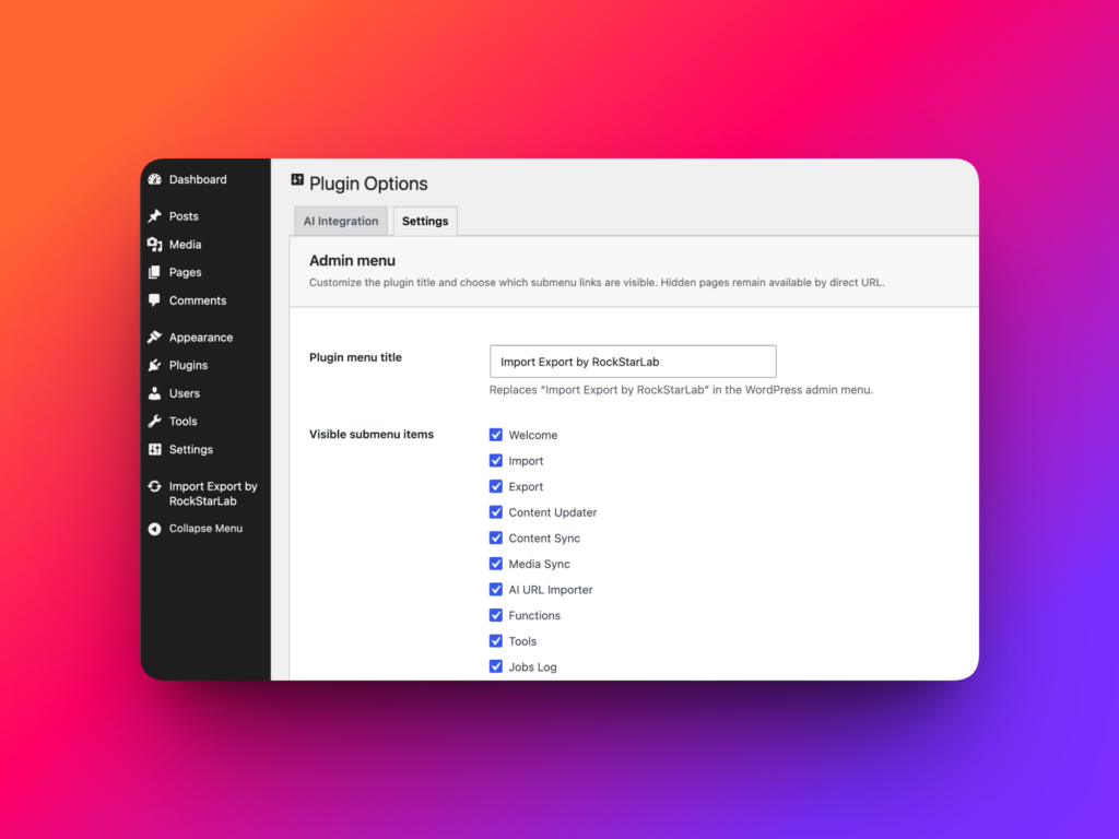 WordPress admin menu settings for Import Export by RockStarLab