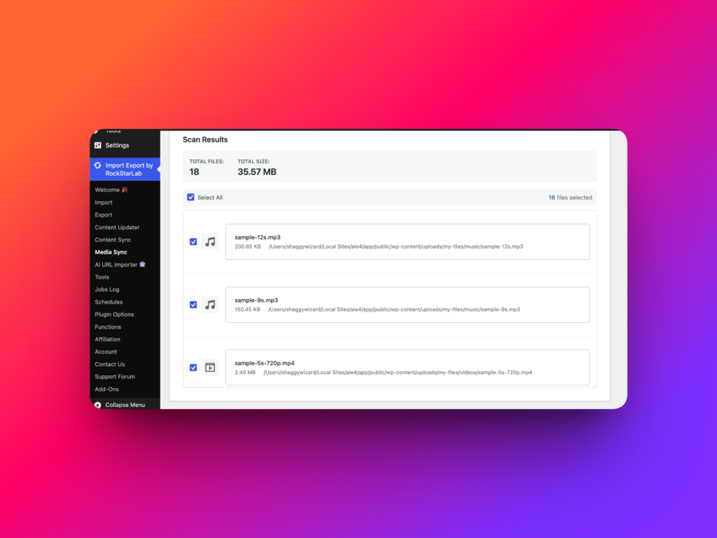 Detected files list in WordPress Media Sync workflow
