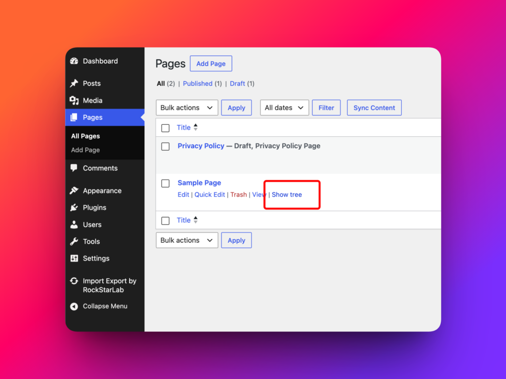 Show tree row action for hierarchical WordPress pages