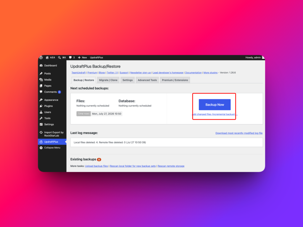 Create WordPress backup with UpdraftPlus Backup Now button