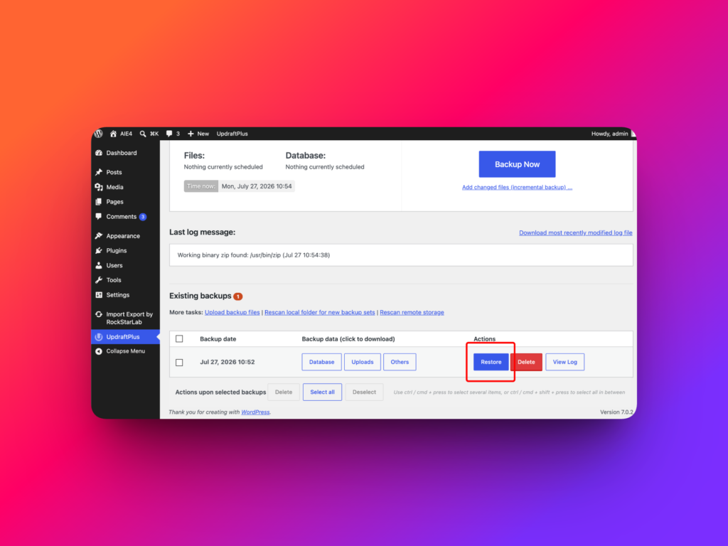 Restore WordPress database backup with UpdraftPlus