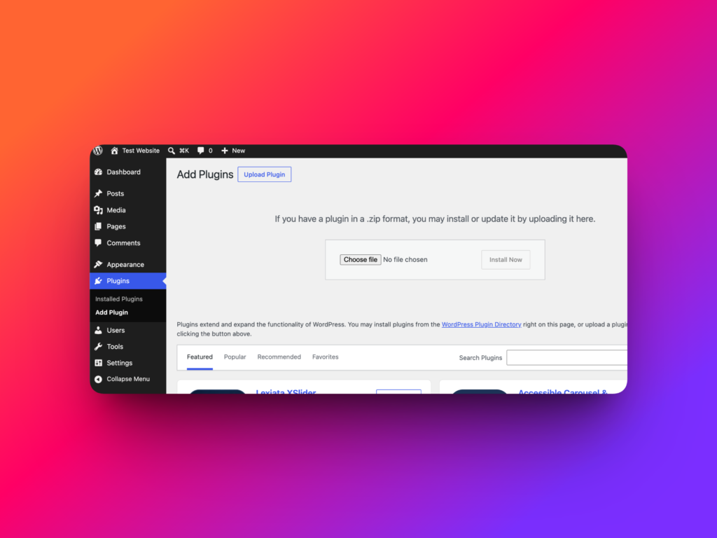 WordPress Upload Plugin screen with ZIP file upload option for Import Export by RockStarLab