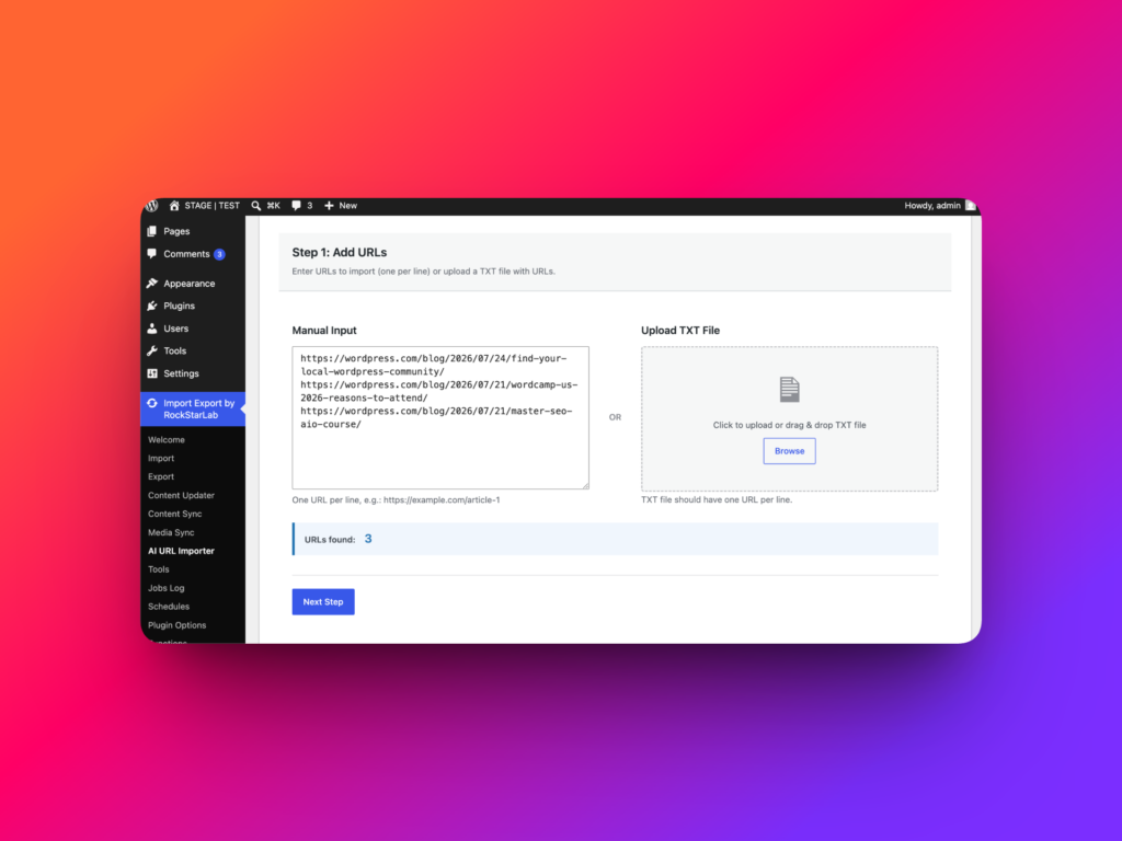 Bulk URL input field in WordPress AI URL Importer