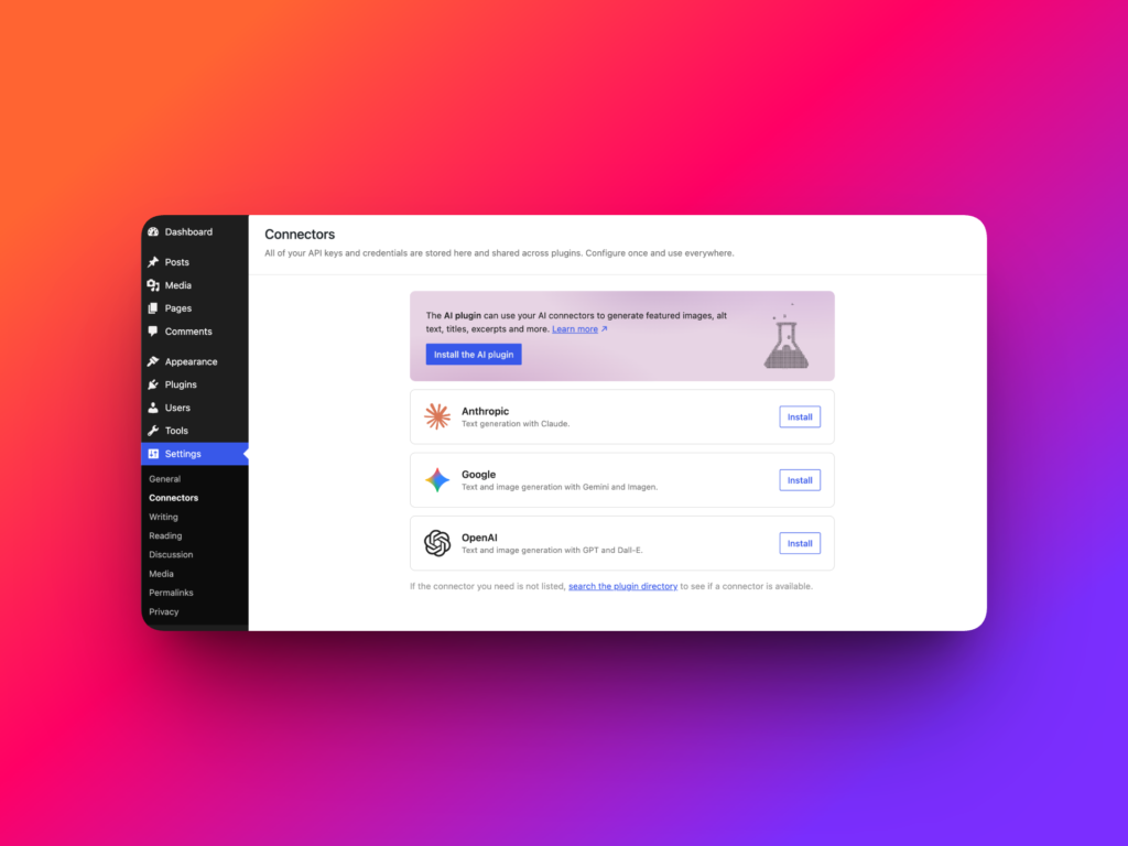 WordPress Connectors screen with OpenAI connector settings