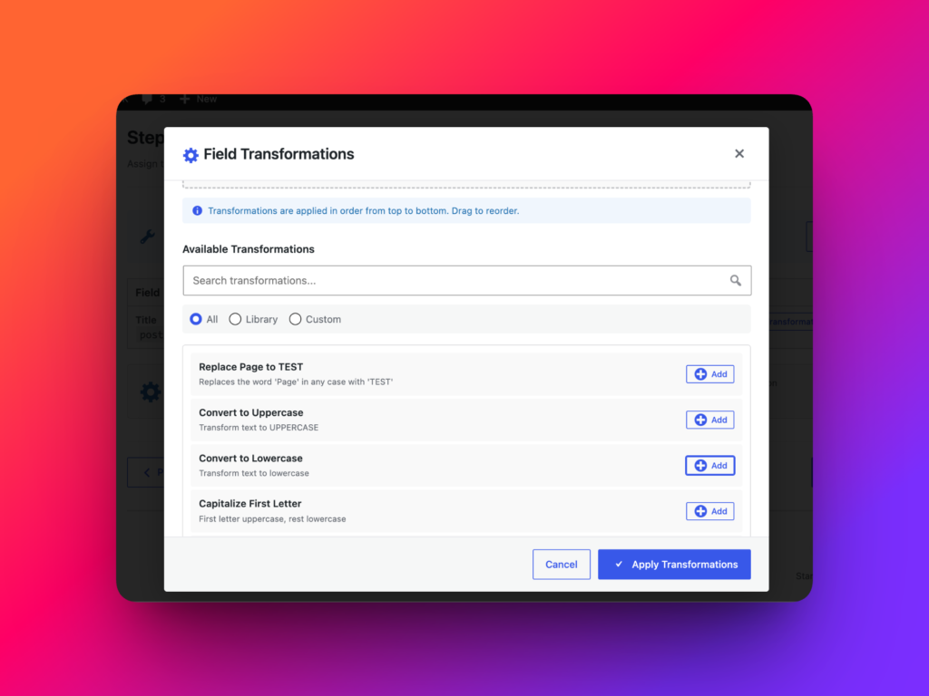 Assign transformation functions to WordPress Post Title field
