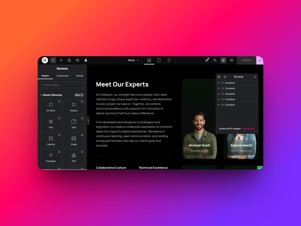 Elementor page using the Blocksy theme before export