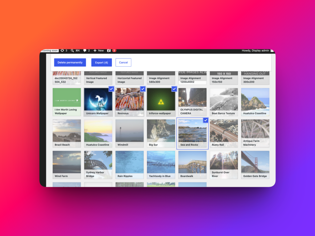 Select media files in WordPress Media Library for export