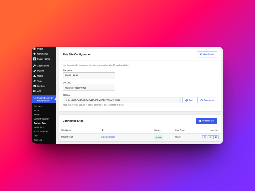 Content Sync API key configuration in Import Export by RockStarLab