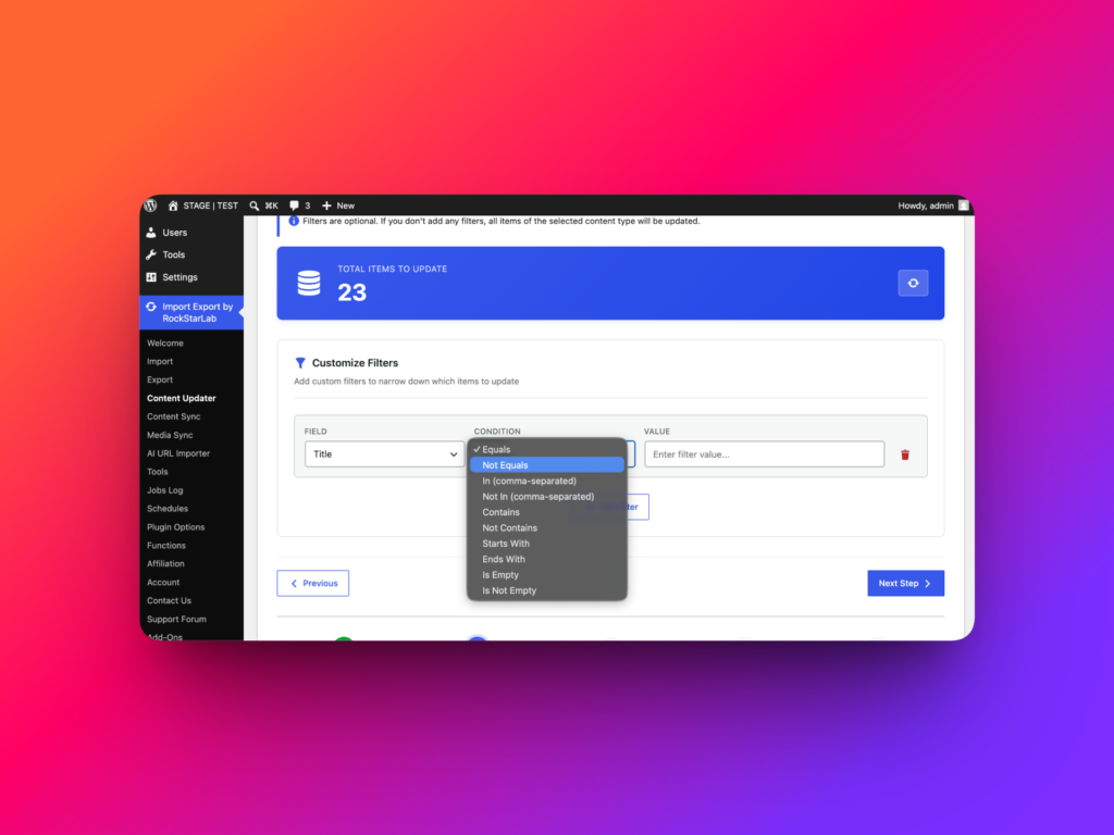 Content Updater filters for selecting WordPress records