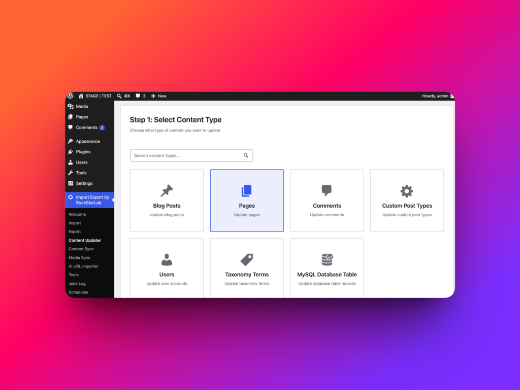Content Updater content type selection for WordPress pages