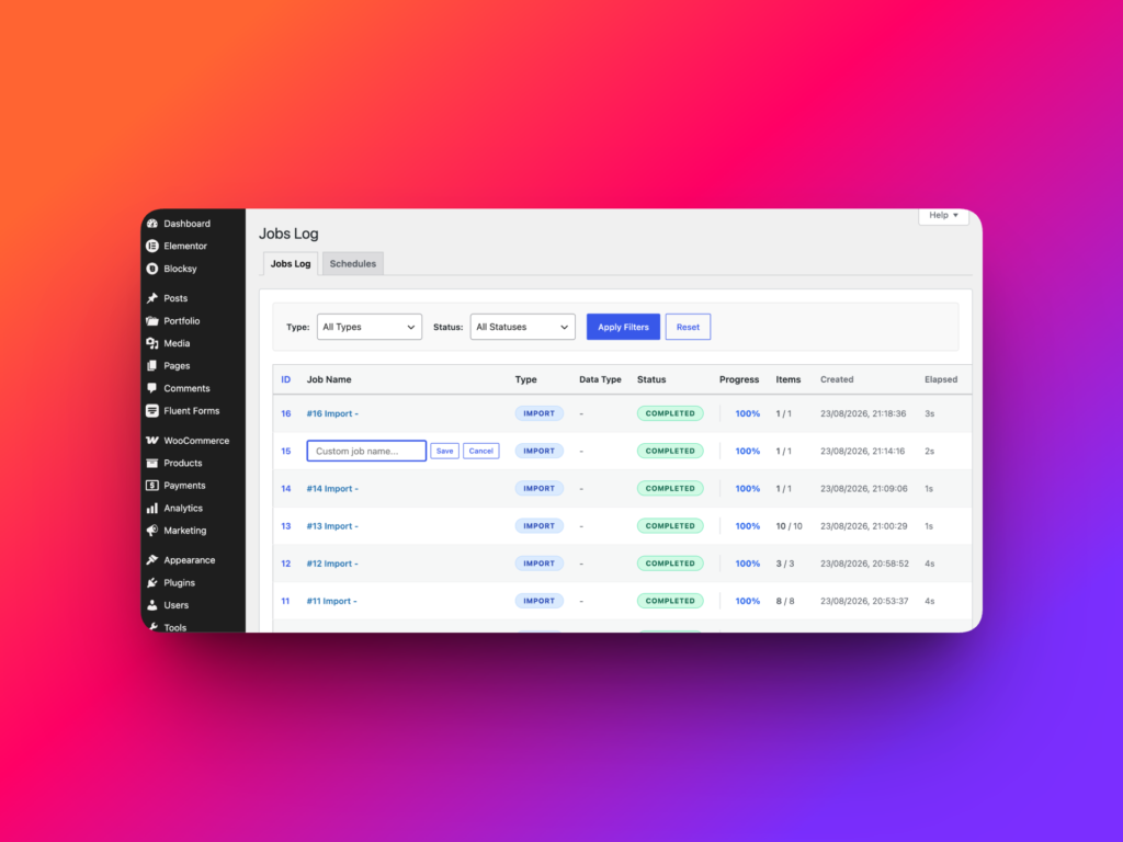 Custom job names for WordPress import export jobs