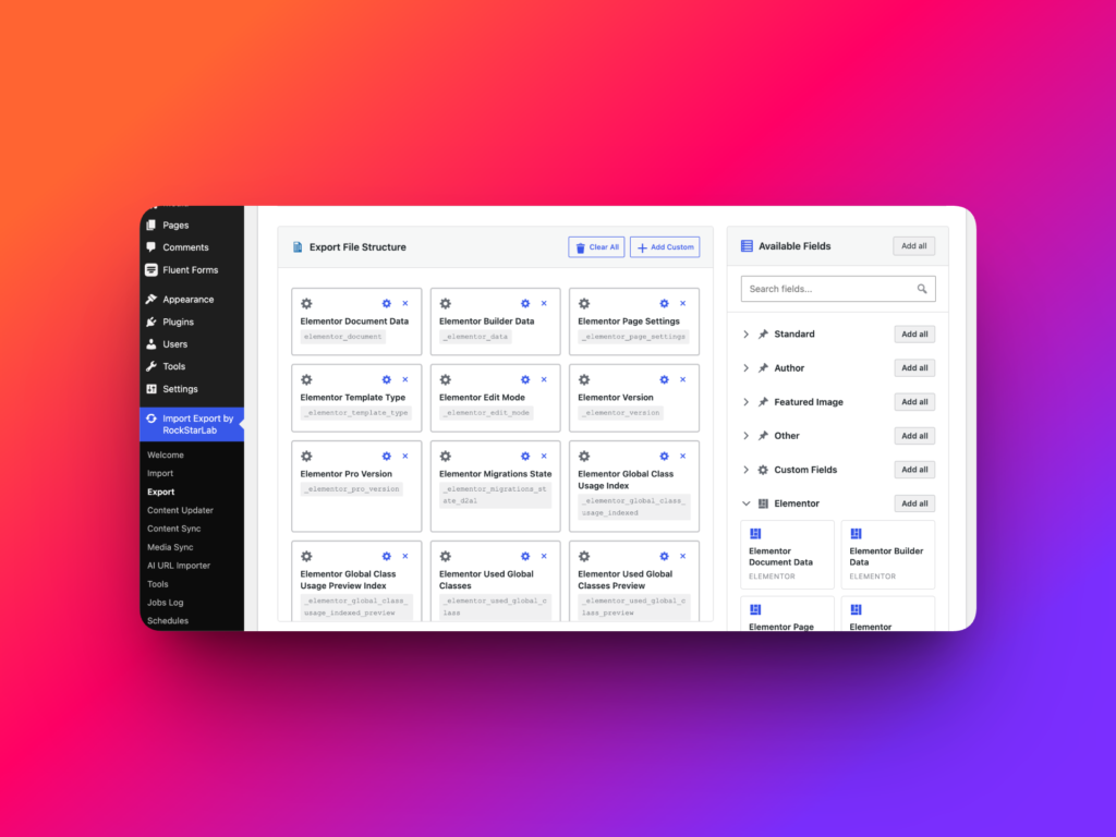Elementor fields selected for WordPress page export