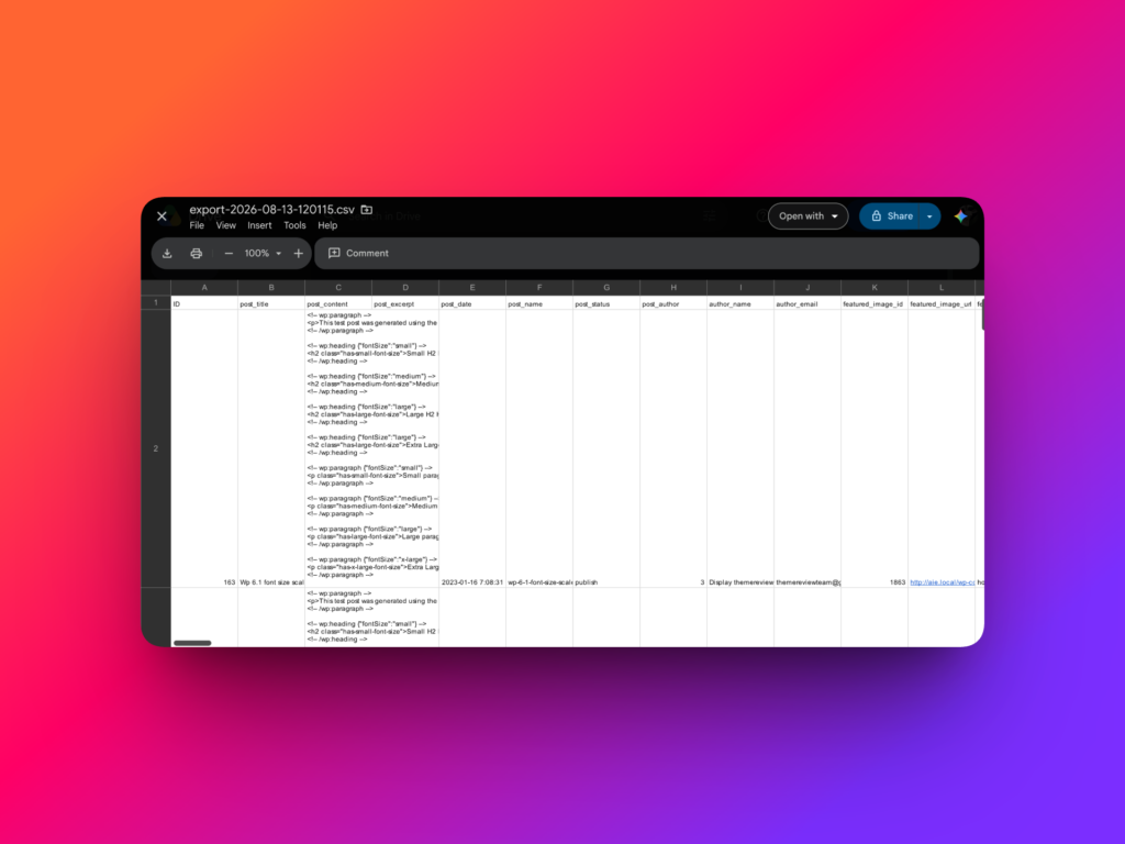 WordPress posts CSV export opened in Google Sheets