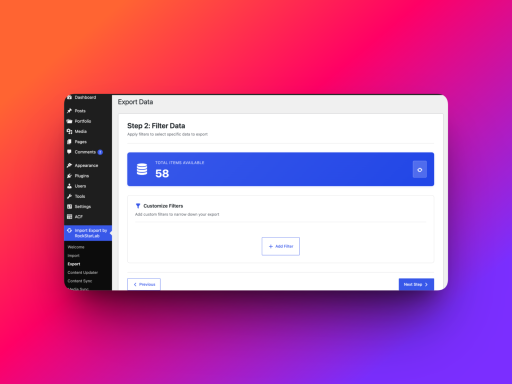WordPress export filters for blog posts
