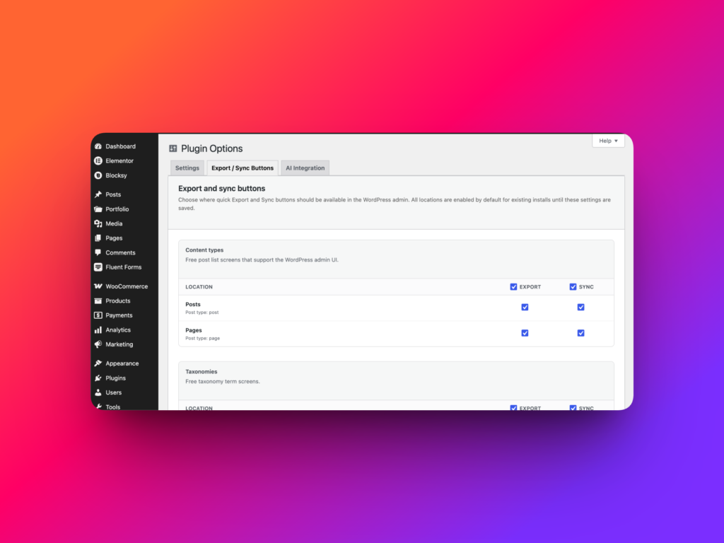 Import Export by RockStarLab settings for export and sync buttons