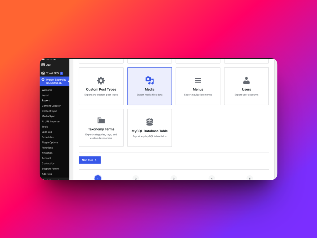 Select Media content type to export WordPress Media Library