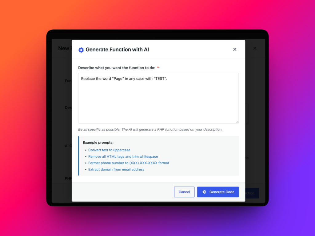 AI Generator for creating a WordPress transformation function