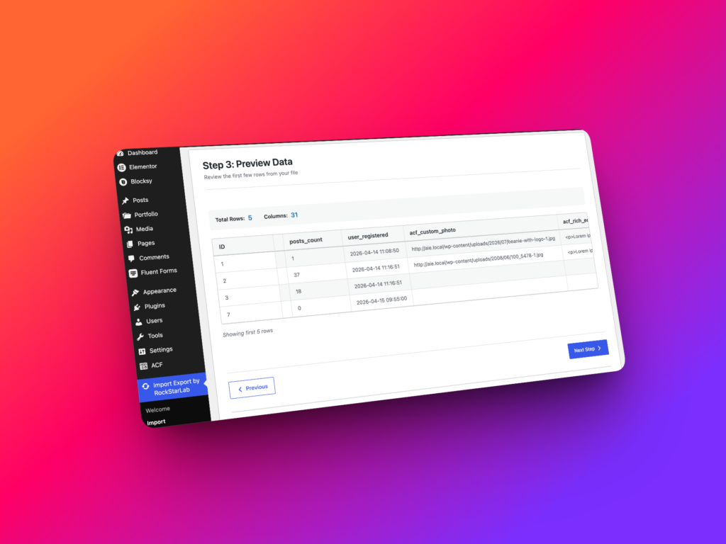 WordPress user import preview screen