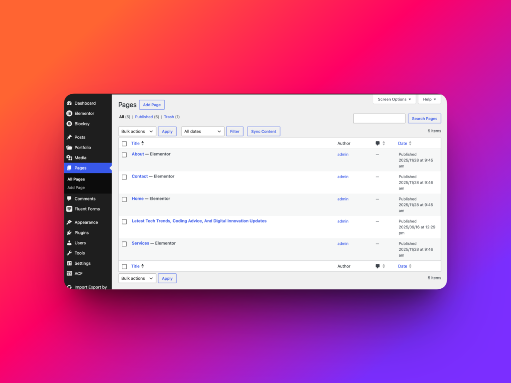 Imported Elementor page with Blocksy theme on destination WordPress site