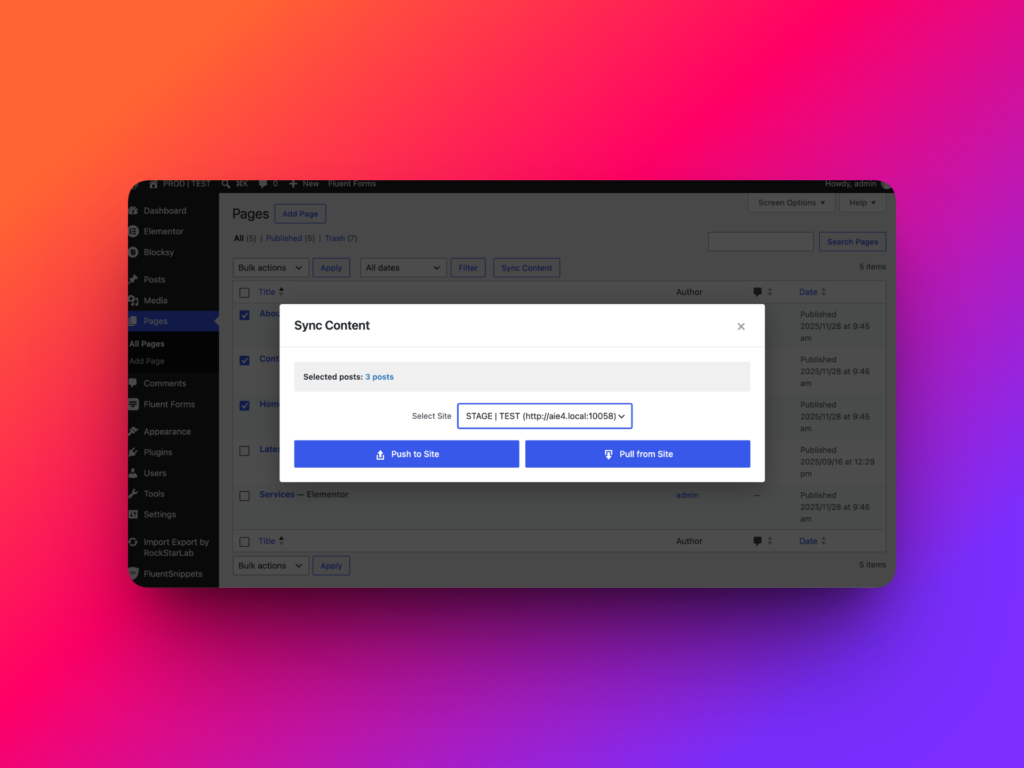Push Elementor pages to remote WordPress site with Content Sync