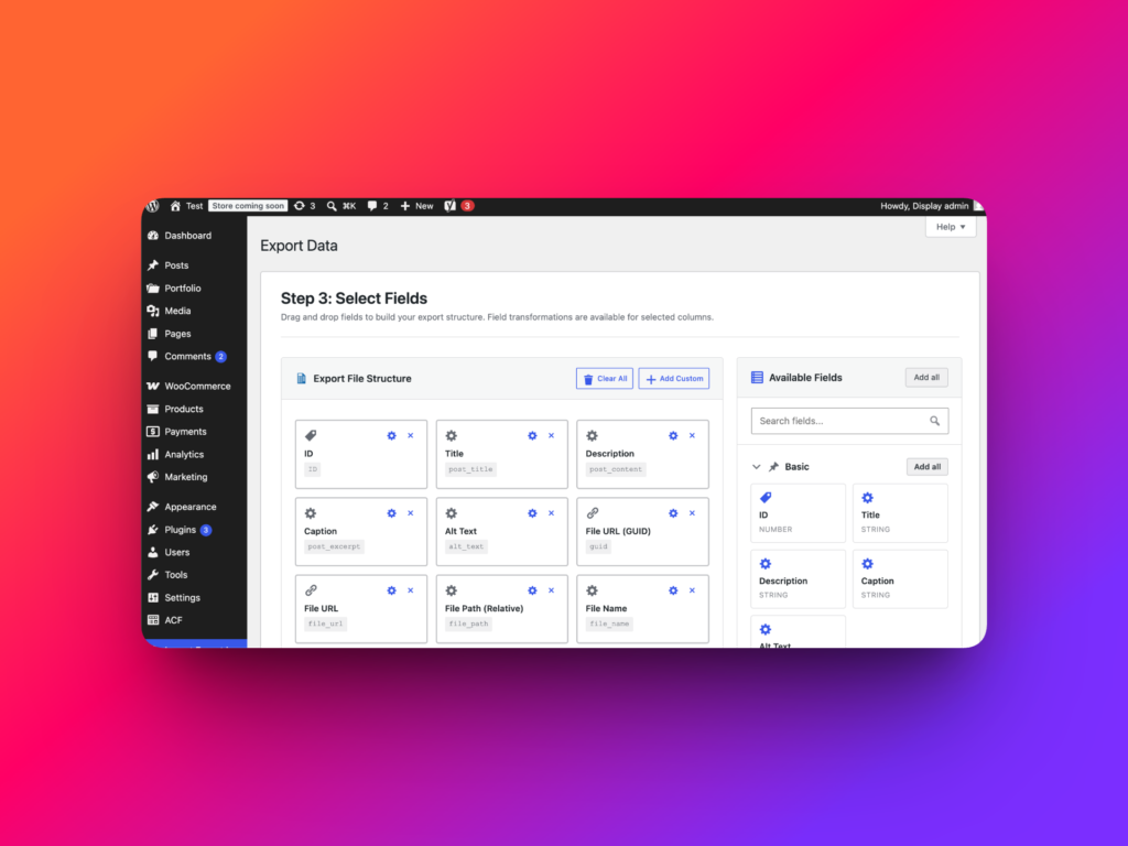 Choose fields for selected WordPress media export