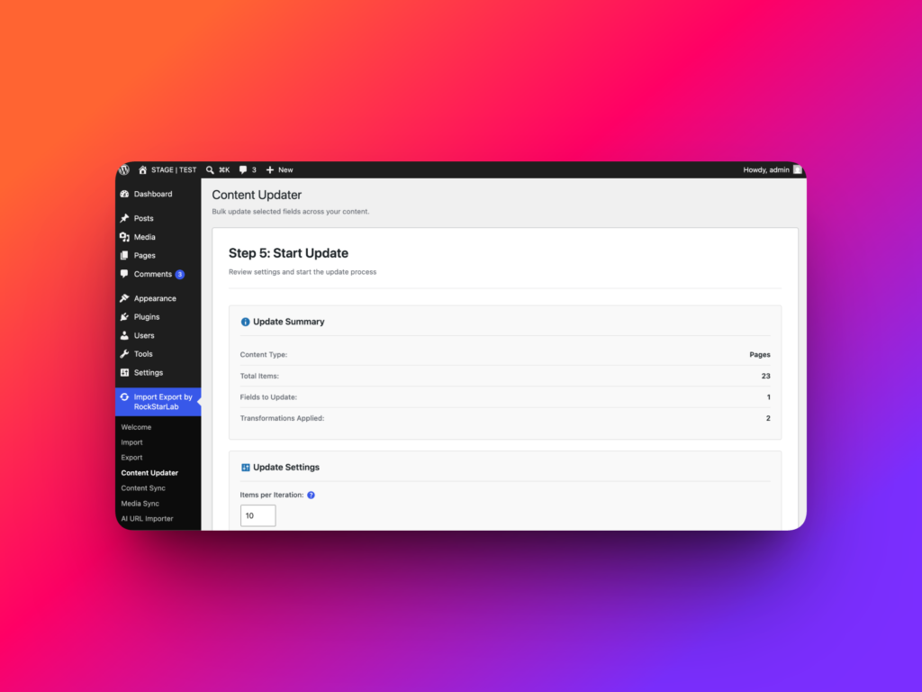 Bulk content update summary in Import Export by RockStarLab