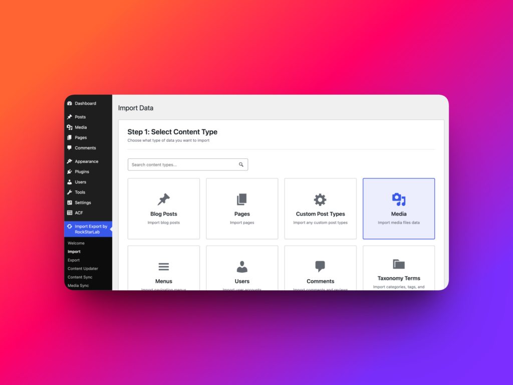 Select Media content type for WordPress Media Library import