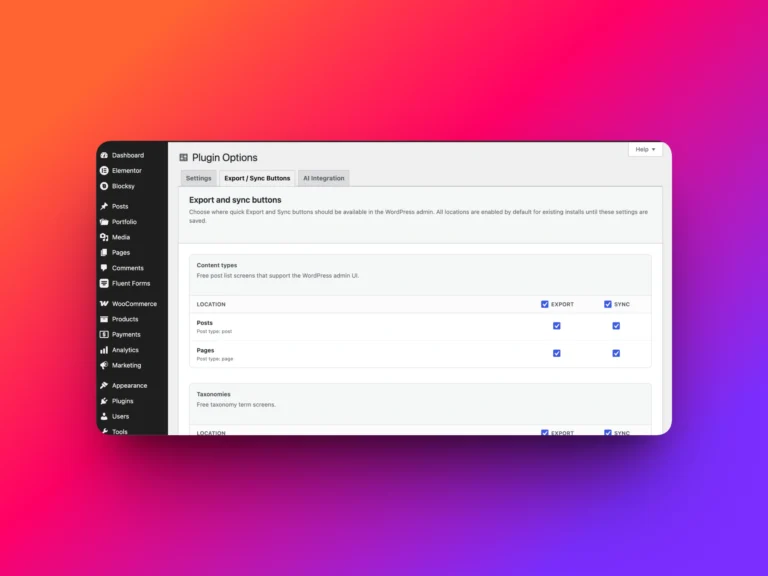Import Export by RockStarLab settings for export and sync buttons