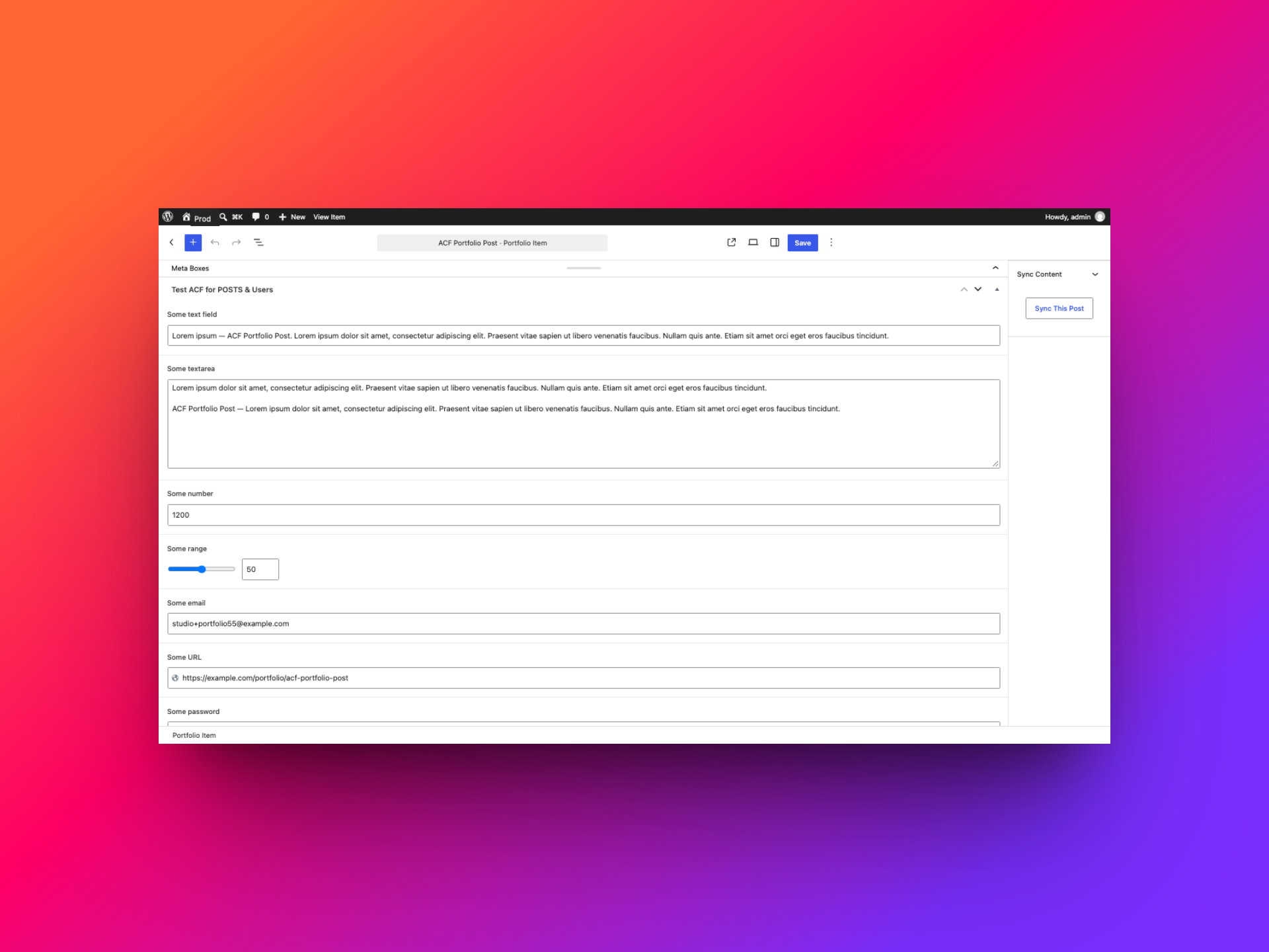 WordPress Portfolio editor showing a sample post with its ACF fields, including text, textarea, number, range, email, and URL