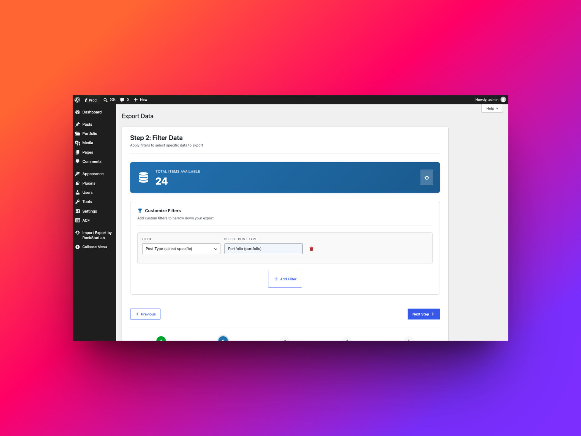Export filter set to the Portfolio custom post type with the matching record count