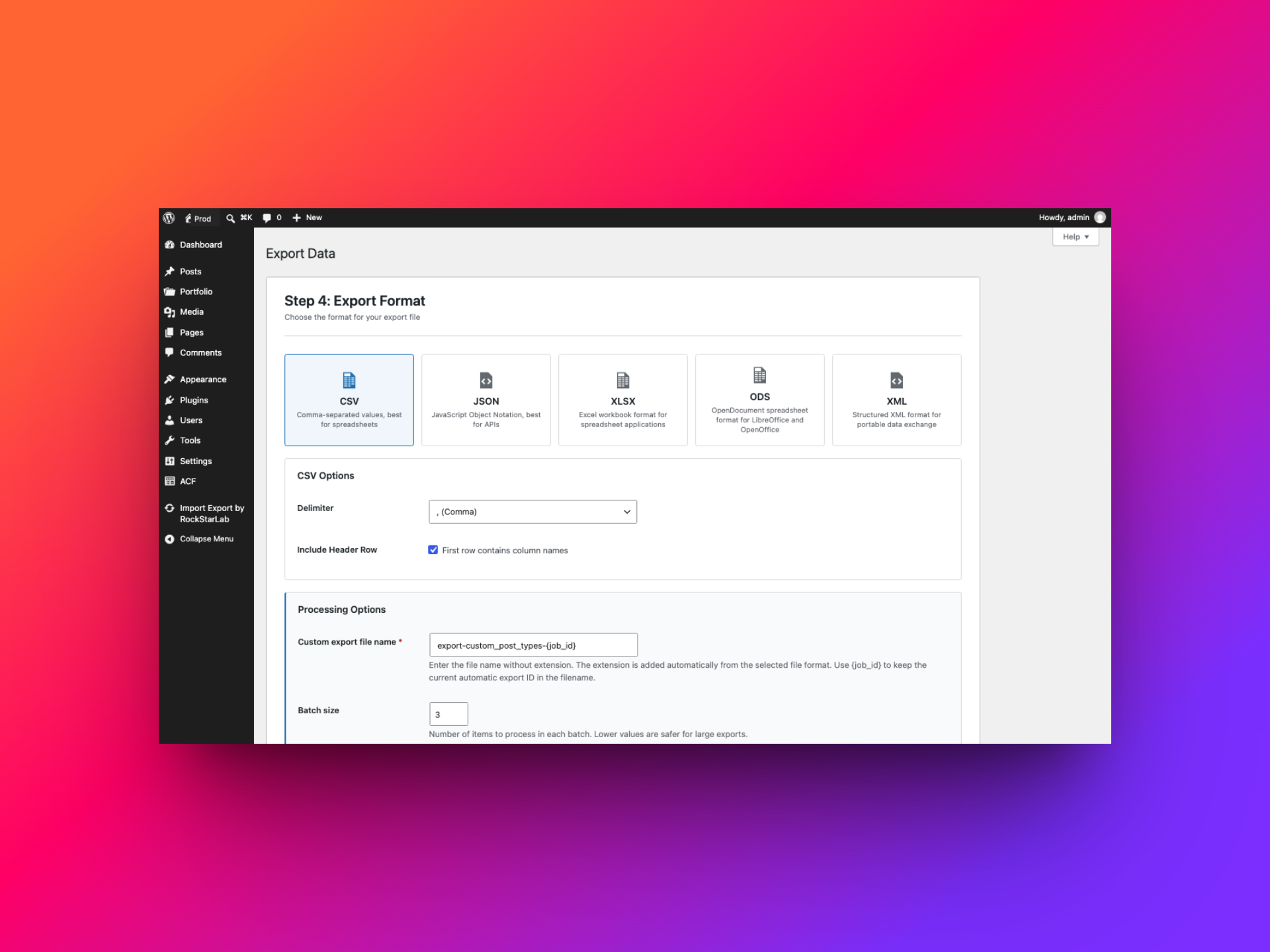 Export format options with CSV selected, a header row, and batch processing controls