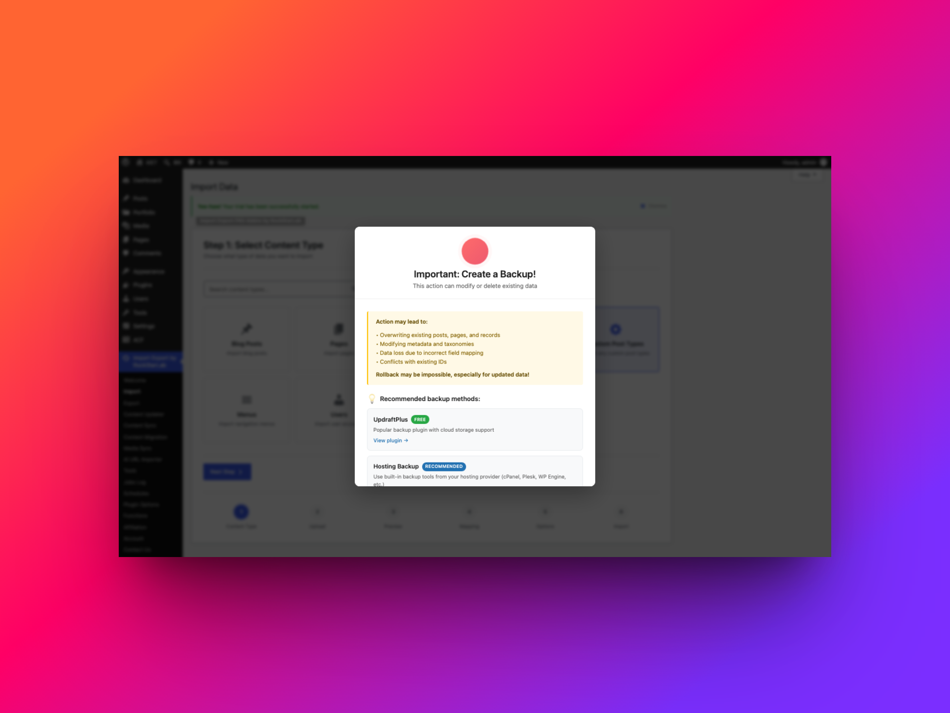 Import warning explaining that importing can modify posts, metadata, and taxonomy data