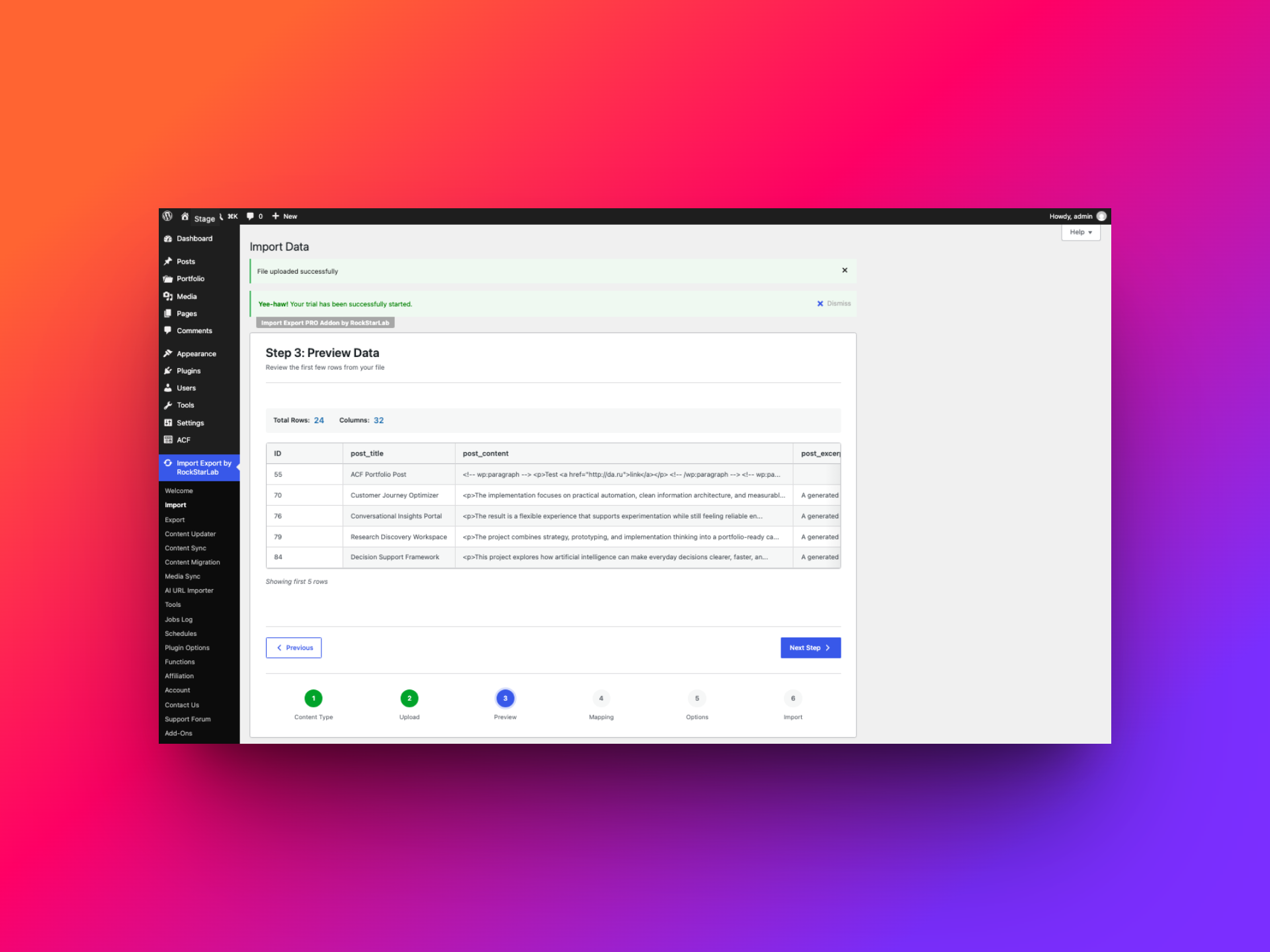 Import preview showing the exported Portfolio column headers and sample data