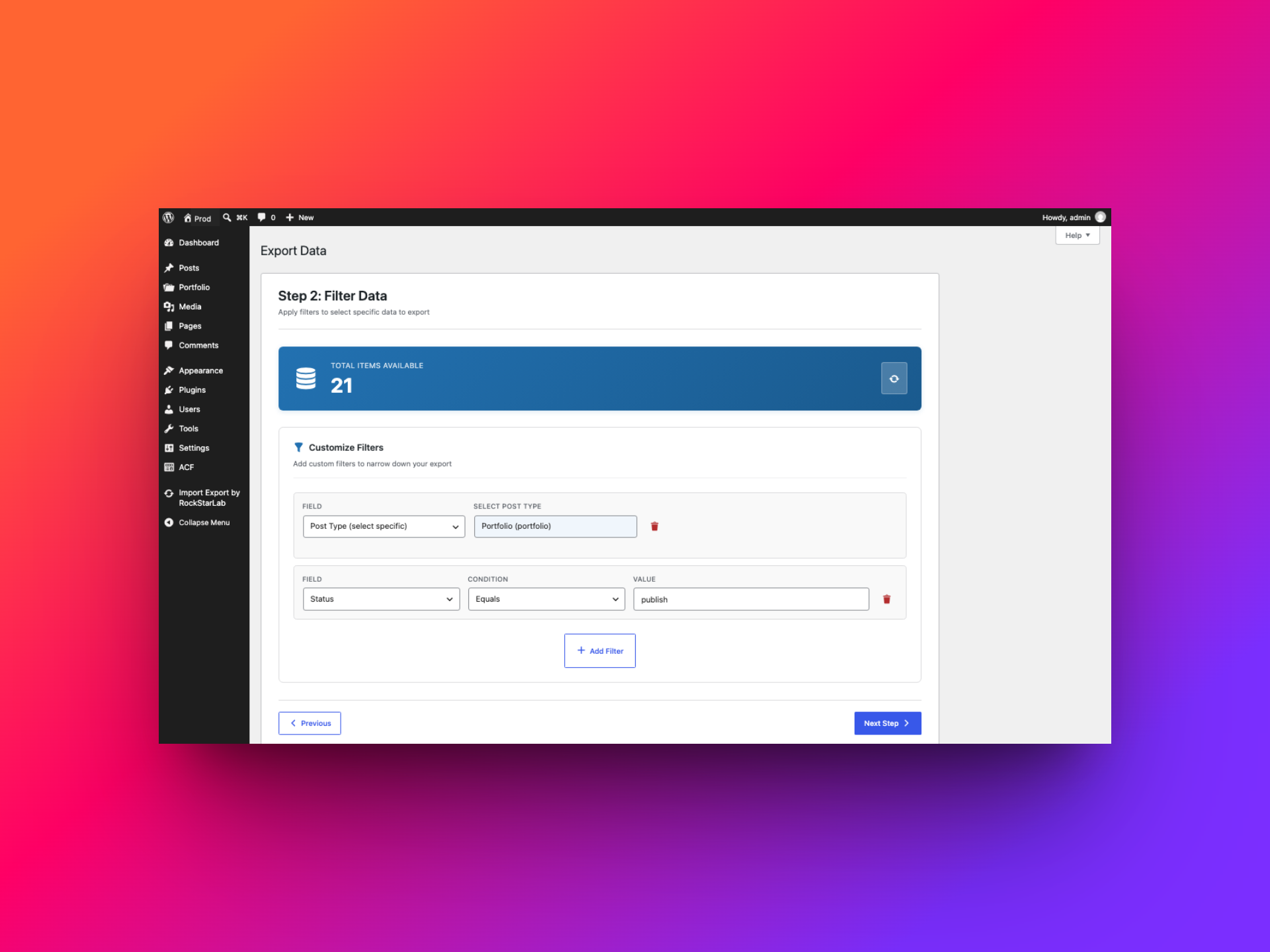 Portfolio export filters set to Status equals publish, with 21 matching records