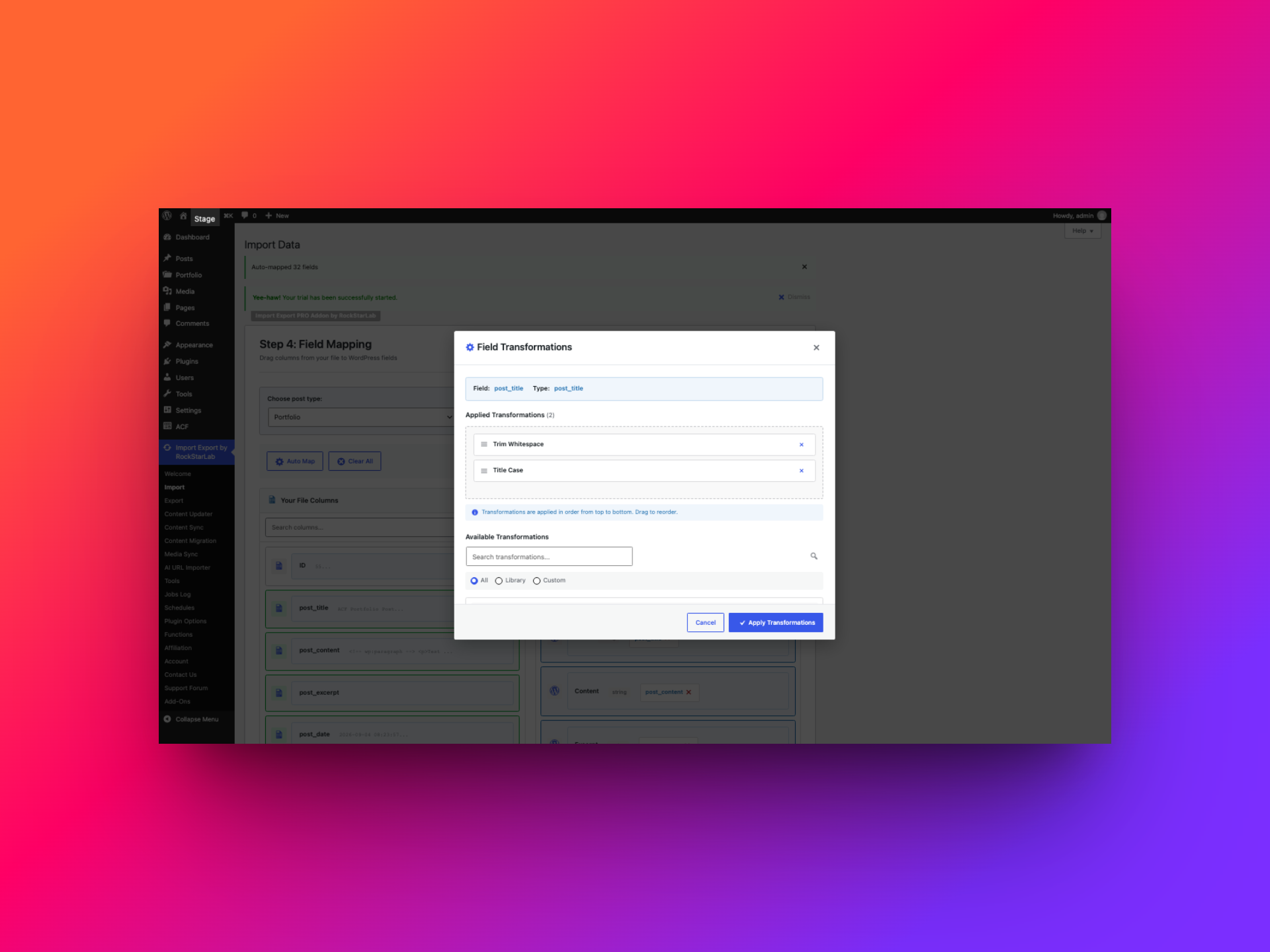 PRO import field transformation preview showing Trim Whitespace and Title Case converting a sample title to Sample Imported Title
