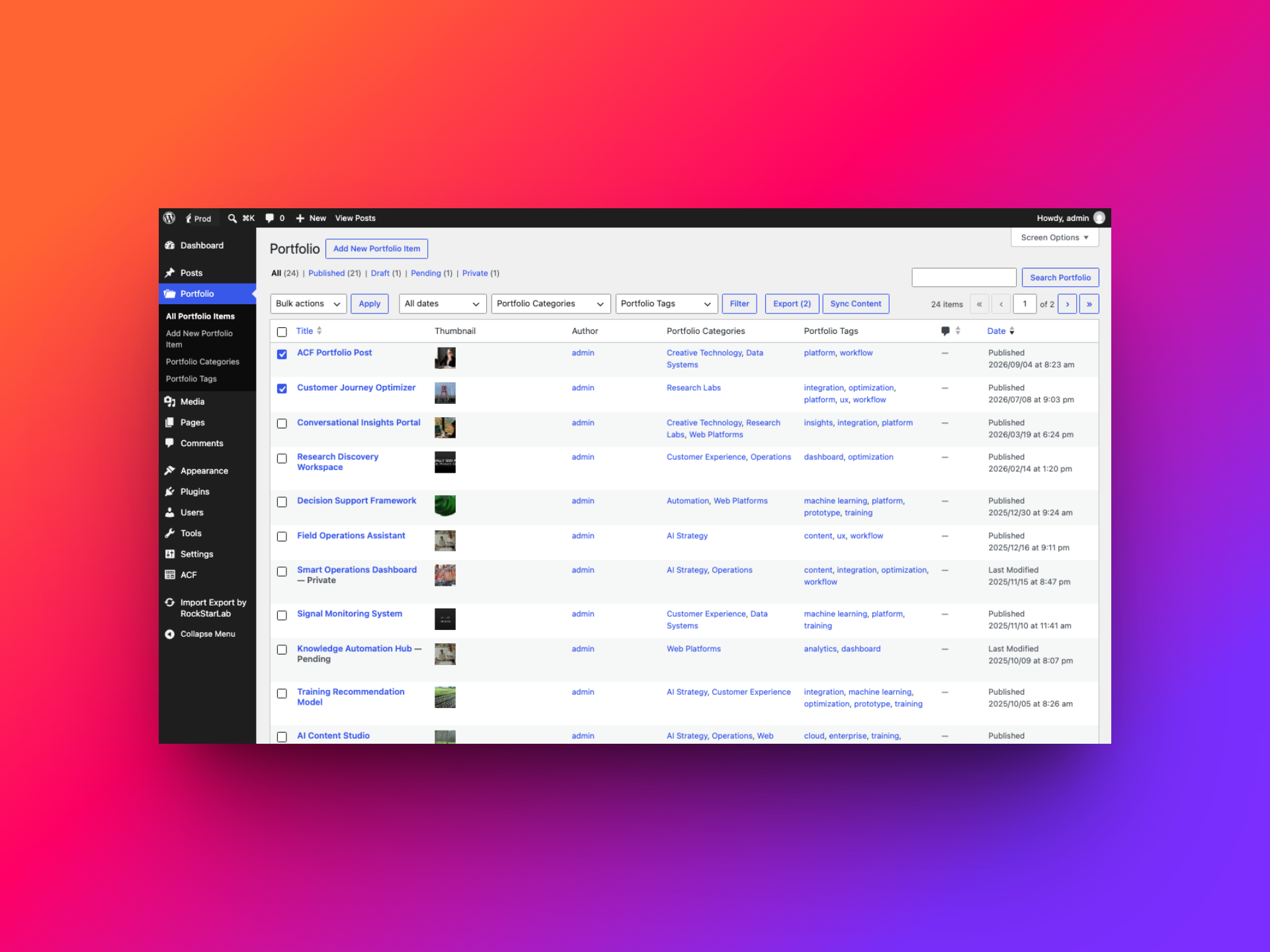 Portfolio list with ACF Portfolio Post and Customer Journey Optimizer selected and the Export (2) button ready