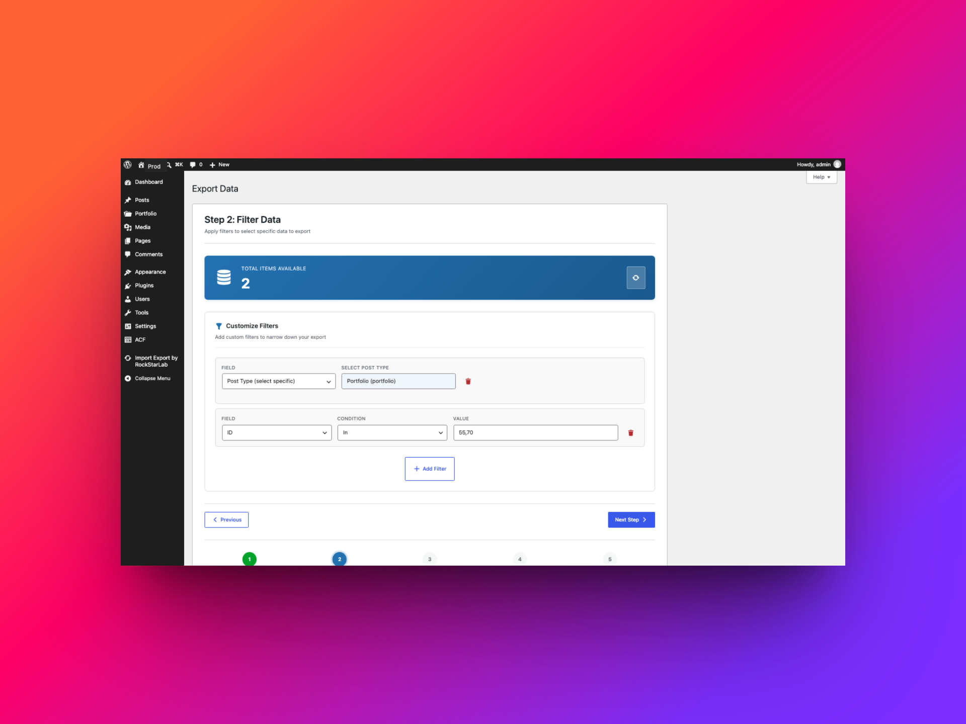 Export wizard prefilled for Portfolio with an ID in filter containing the two selected posts and a matching count of two