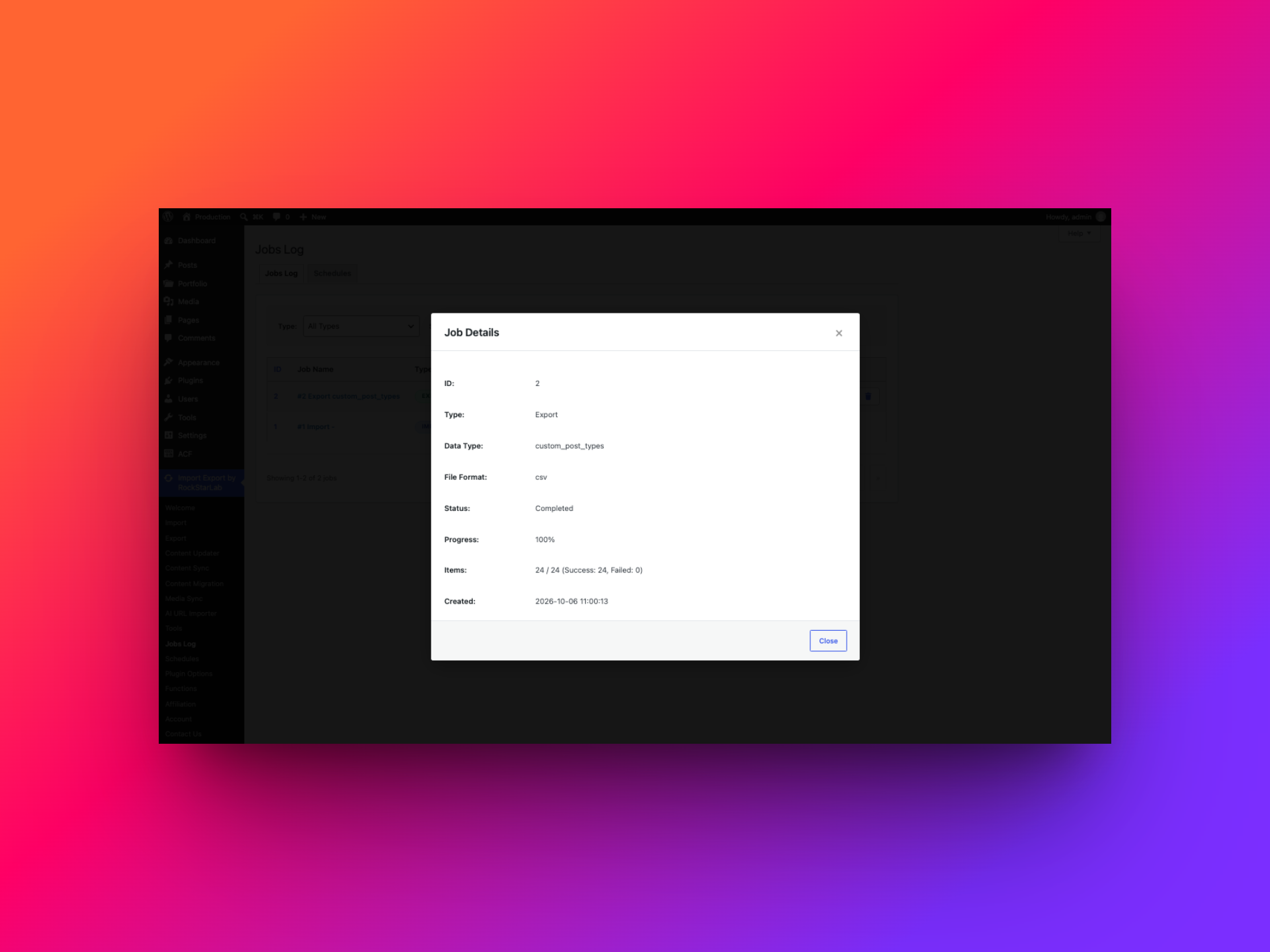 Job Details dialog showing an export completed at 100 percent with 24 of 24 items successful and no failures