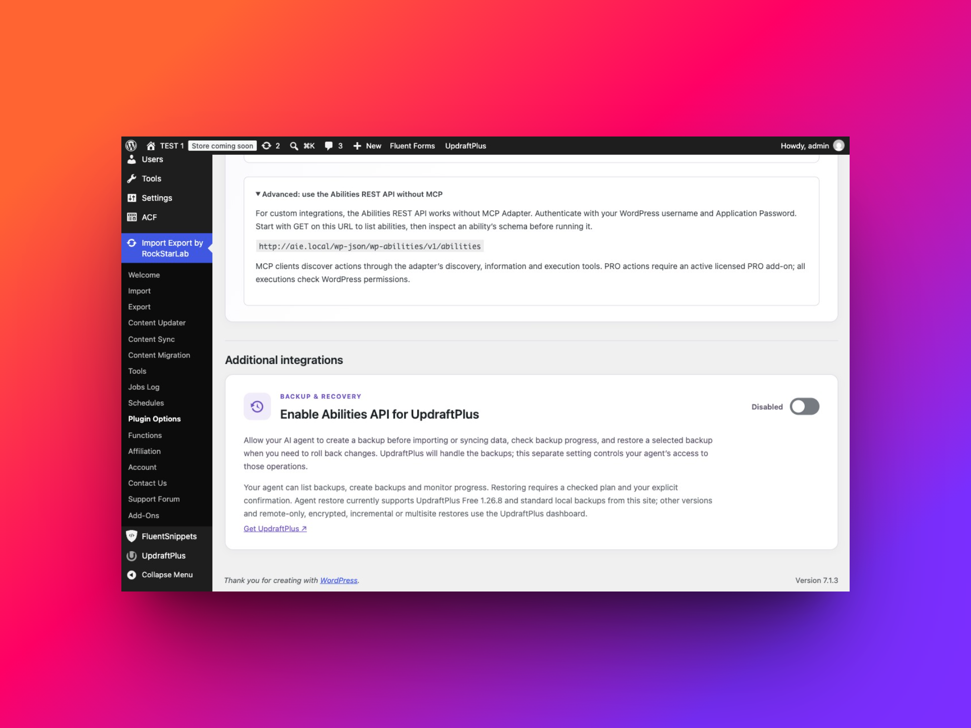 Advanced section showing the authenticated Abilities REST API address