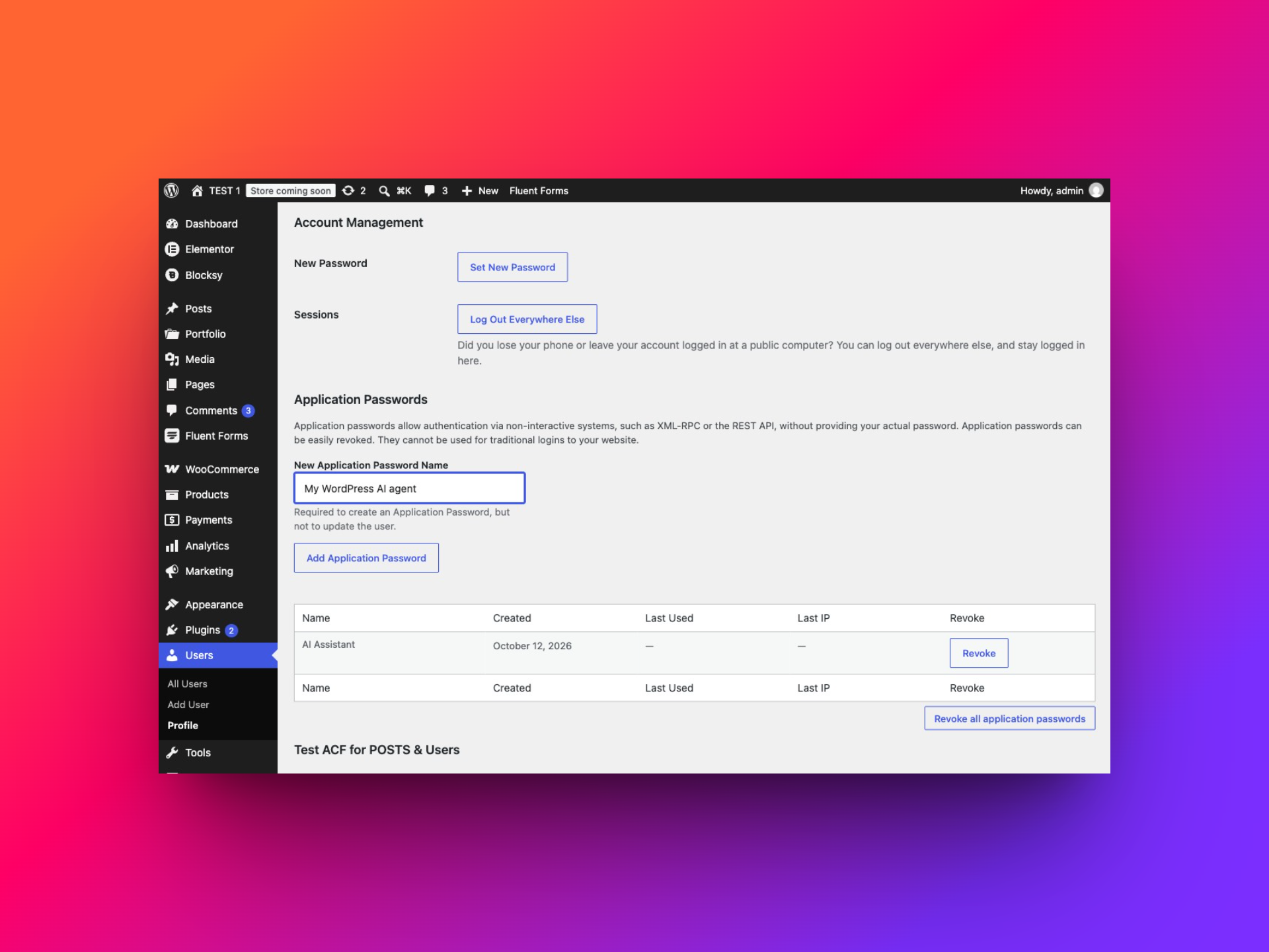 WordPress profile showing the Application Password name field