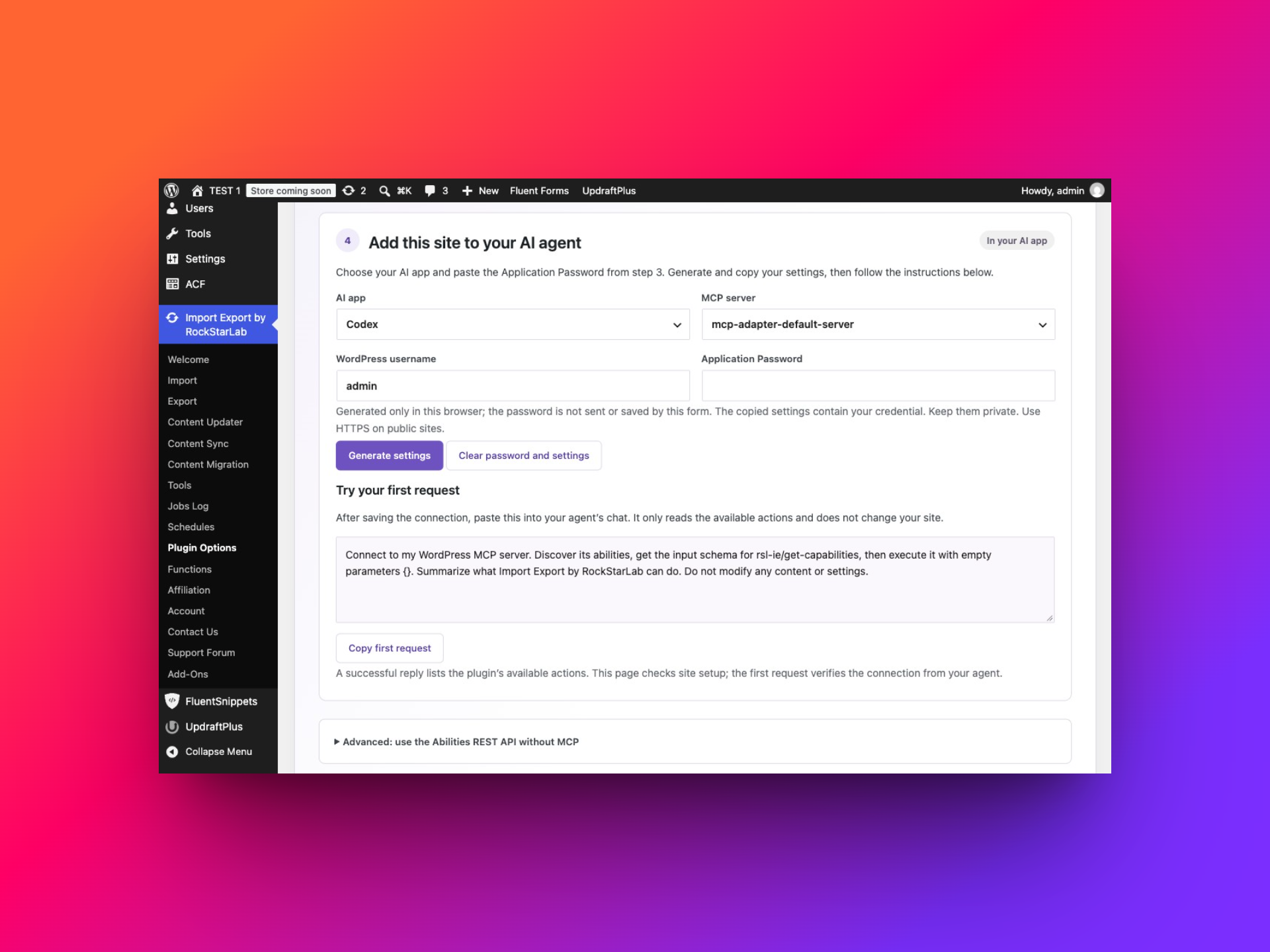 AI Agent Connection step 4 with the built-in settings generator for Codex, Cursor and Claude Code