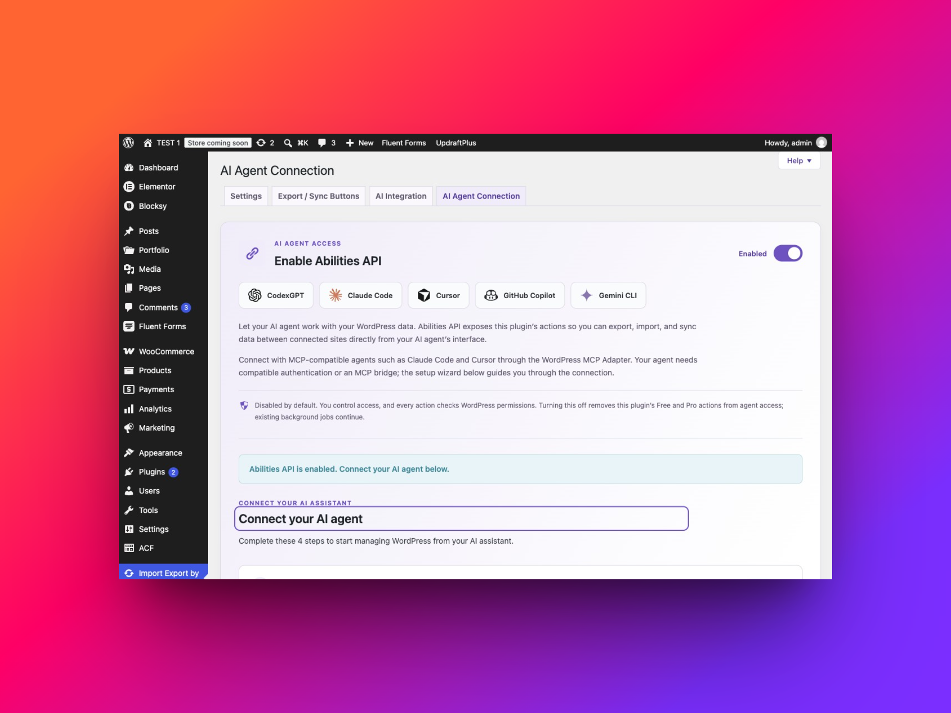 Enable Abilities API switch on the AI Agent Connection screen in version 2.0.0