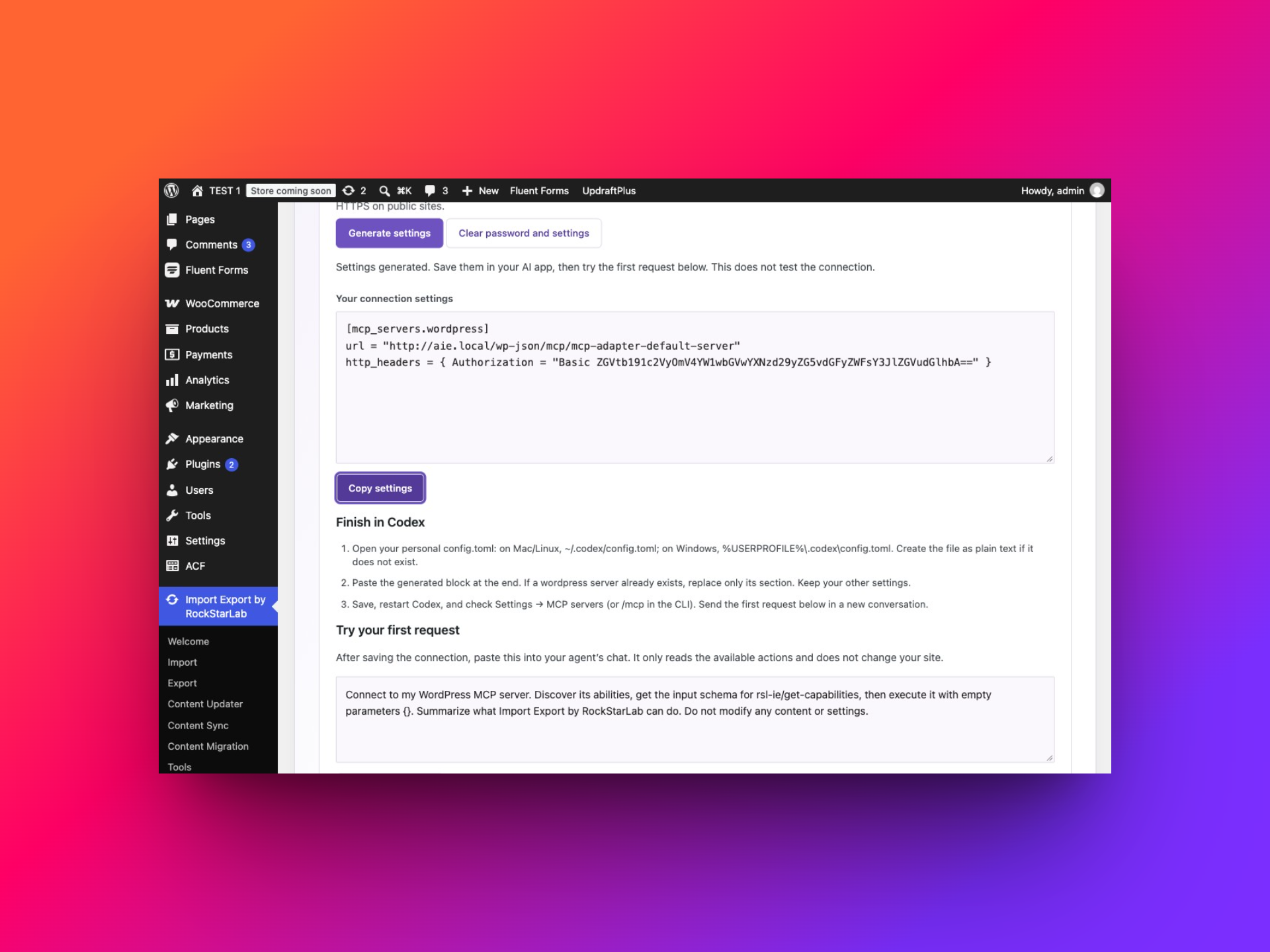 Generated Codex MCP settings and Finish in Codex instructions inside the plugin