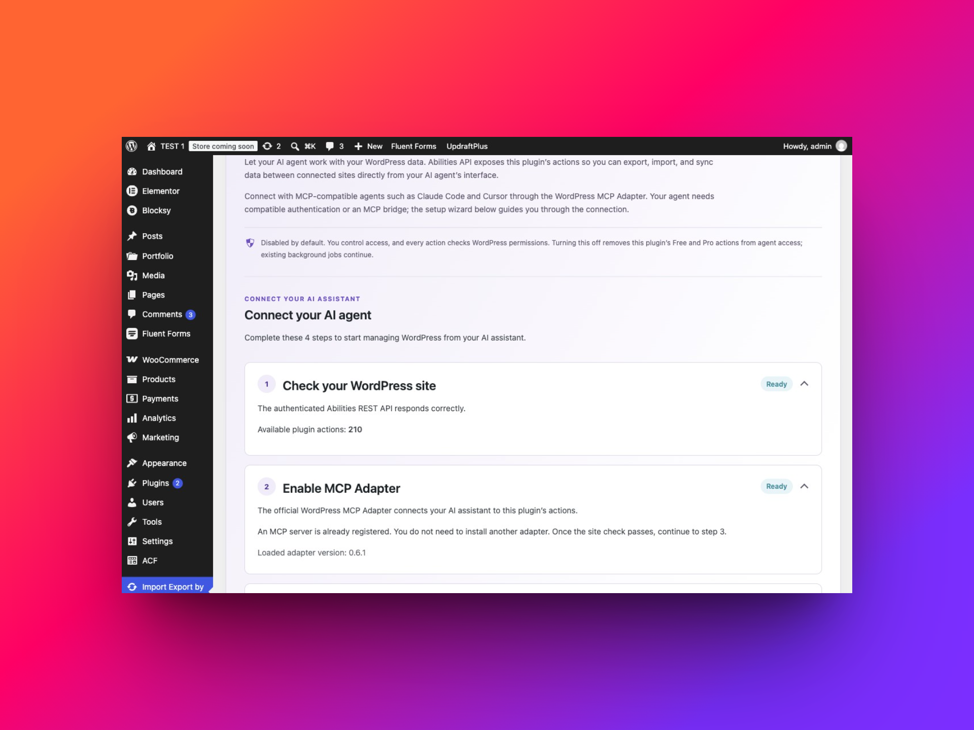WordPress site check and MCP Adapter both showing Ready