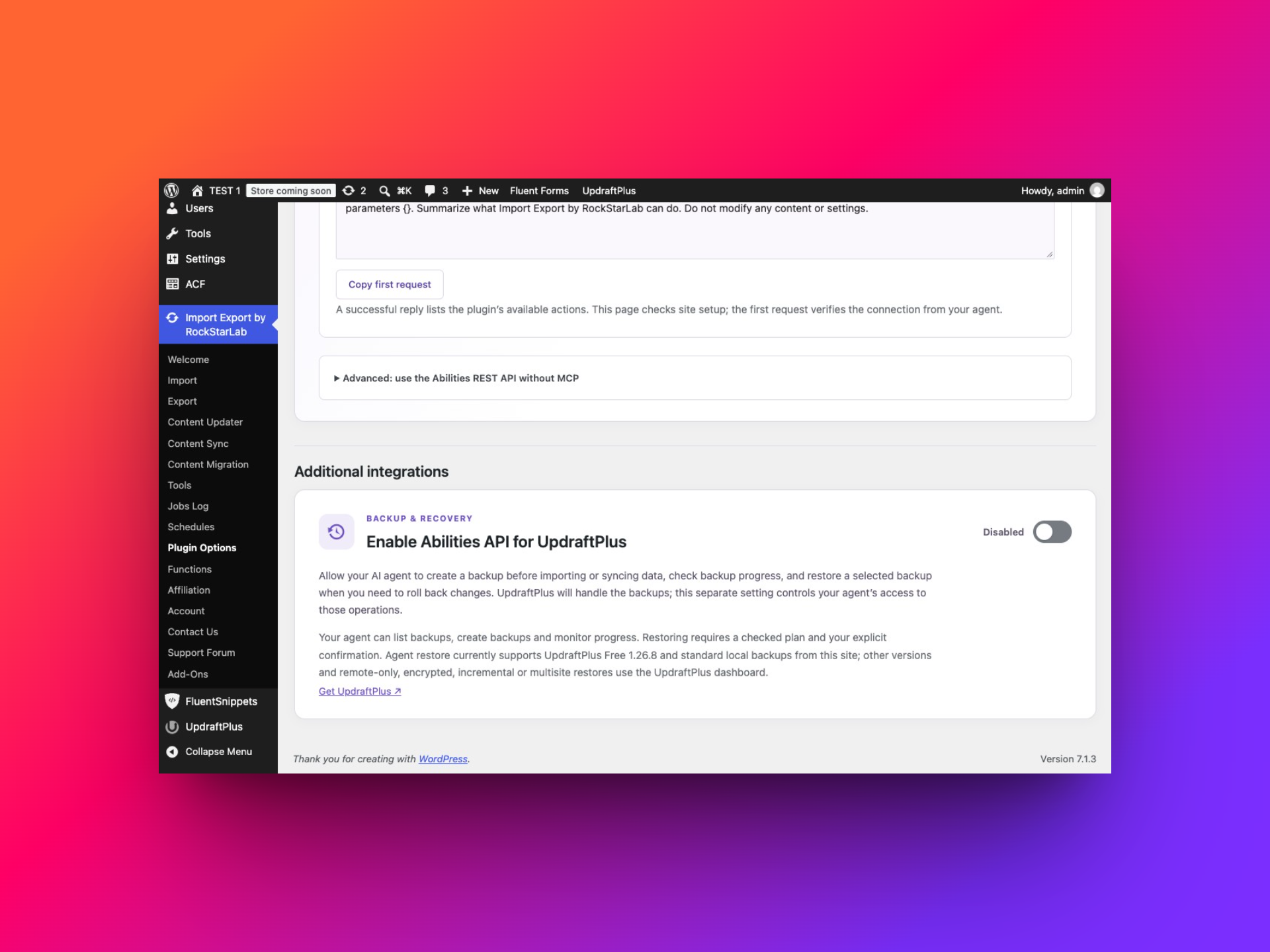 Separate Enable Abilities API for UpdraftPlus switch after activation