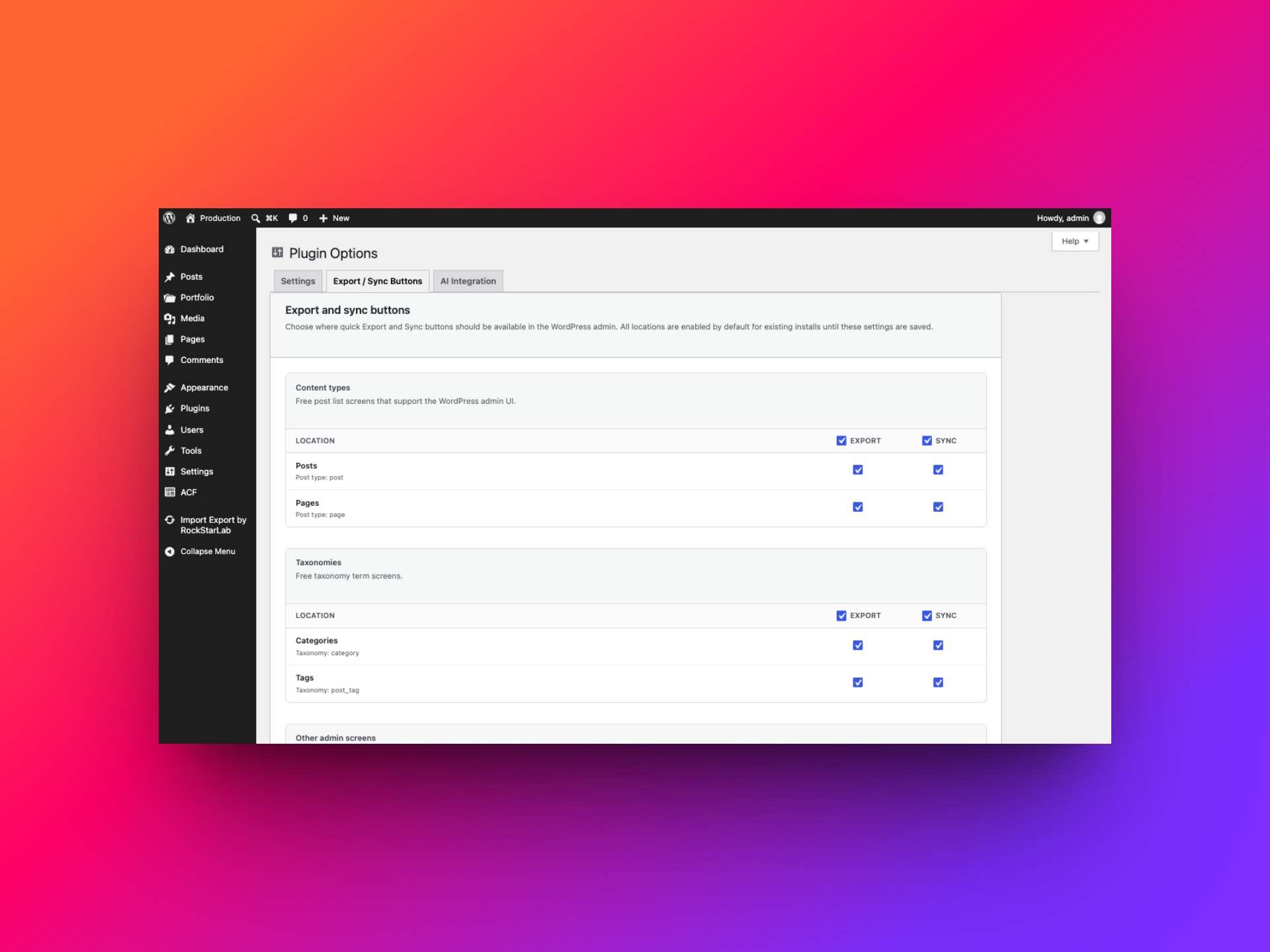 Export and Sync Buttons settings with separate checkboxes for post and taxonomy admin locations