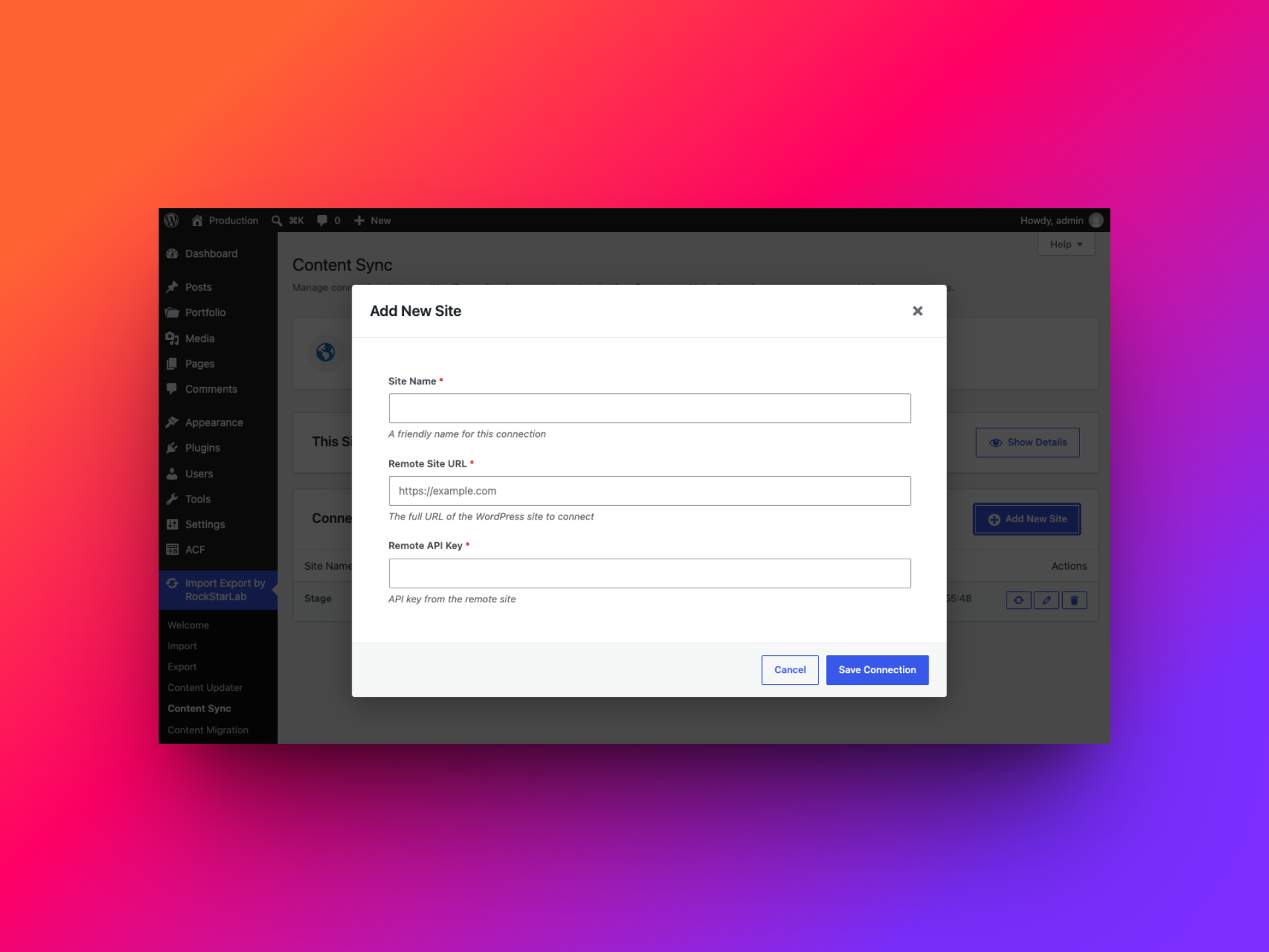 Add New Site form with fields for a site name, remote WordPress URL, and remote API key