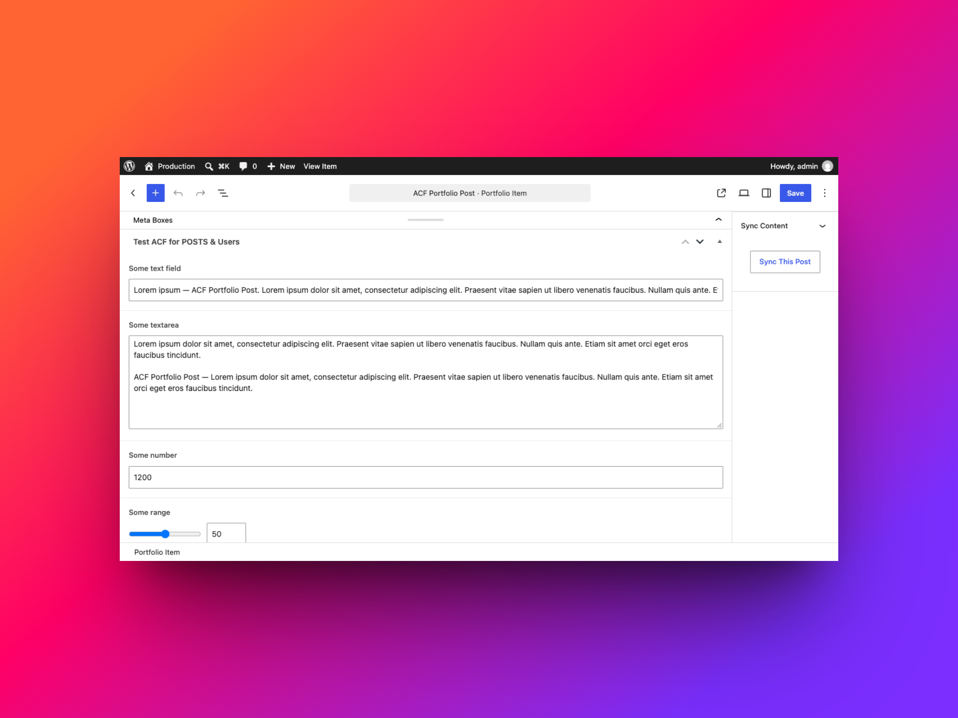 Portfolio post editor with the Sync This Post button in the Sync Content panel