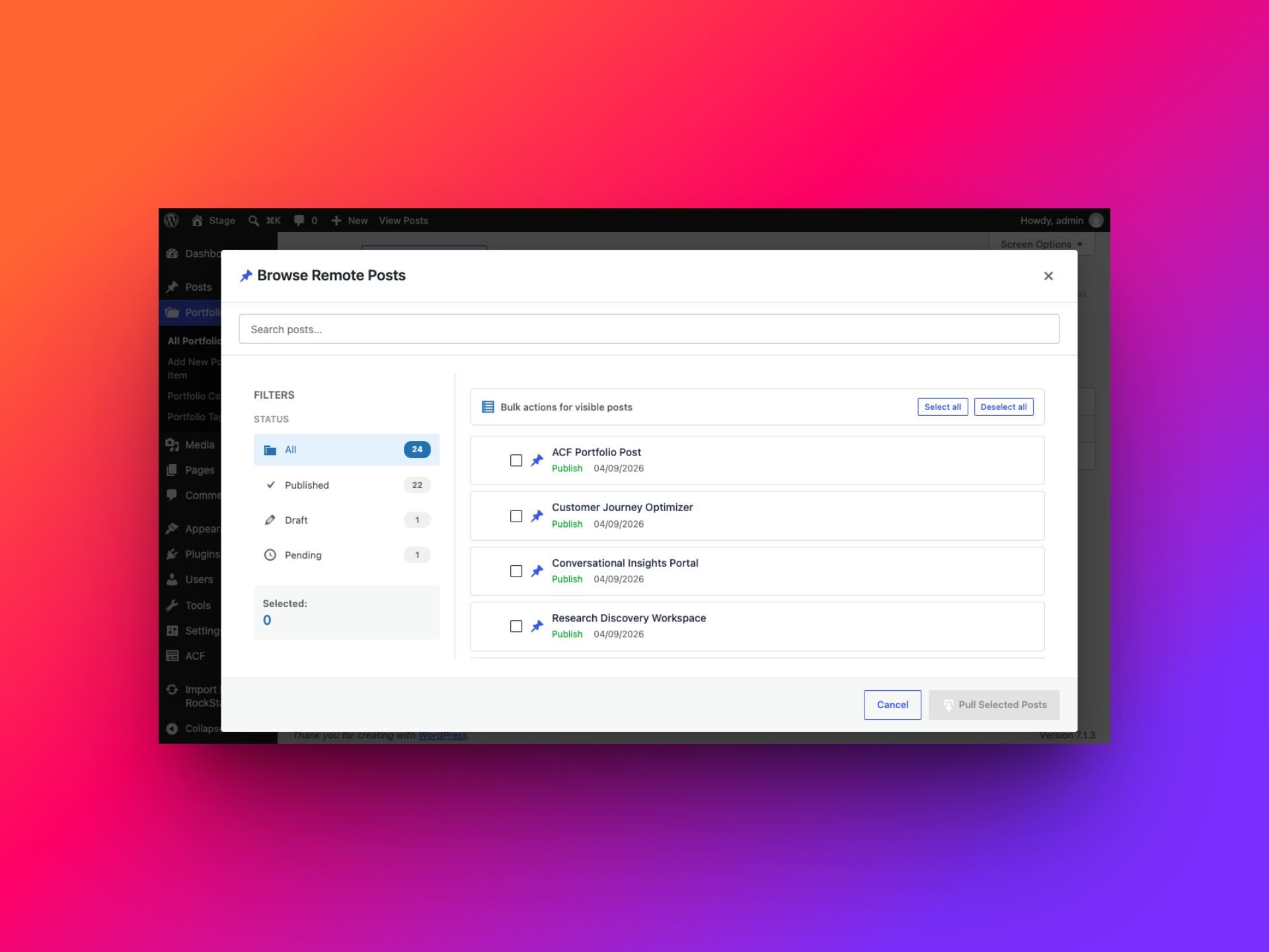 Browse Remote Posts window with Portfolio items, search, status filters, and selection controls